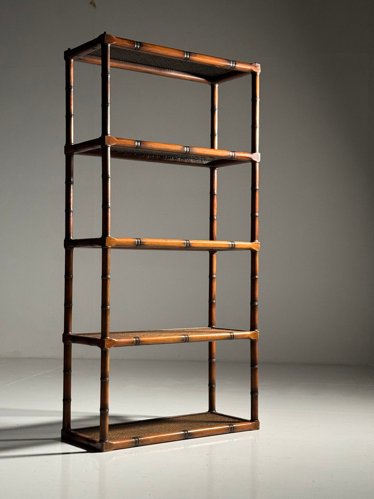 Faux Bamboo Bookcase with Webbing and Glass Shelves, 1980s, photo 1