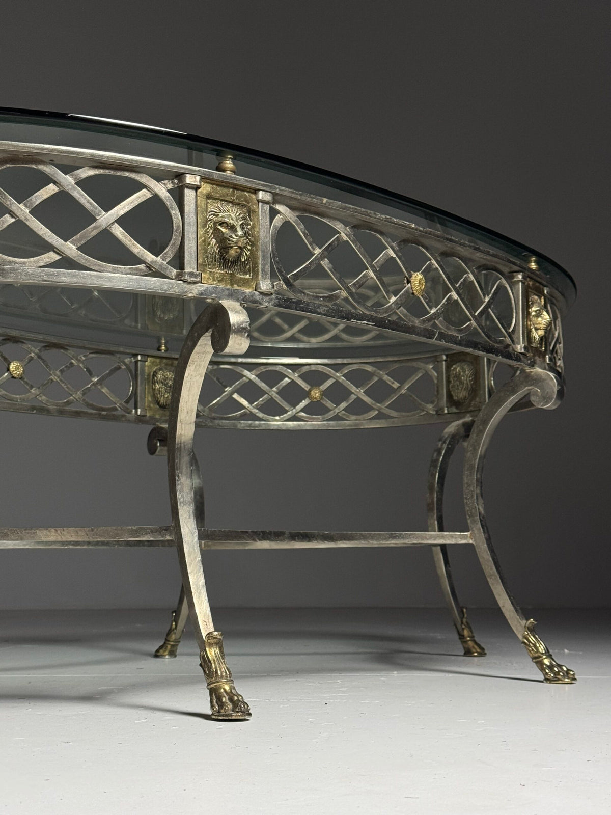 Empire Style Oval Metal Coffee Table with Faceted Glass Top, photo 26