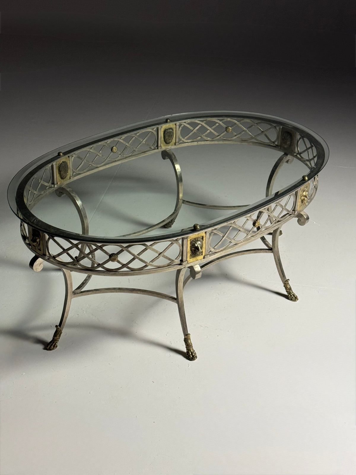 Empire Style Oval Metal Coffee Table with Faceted Glass Top, photo 13