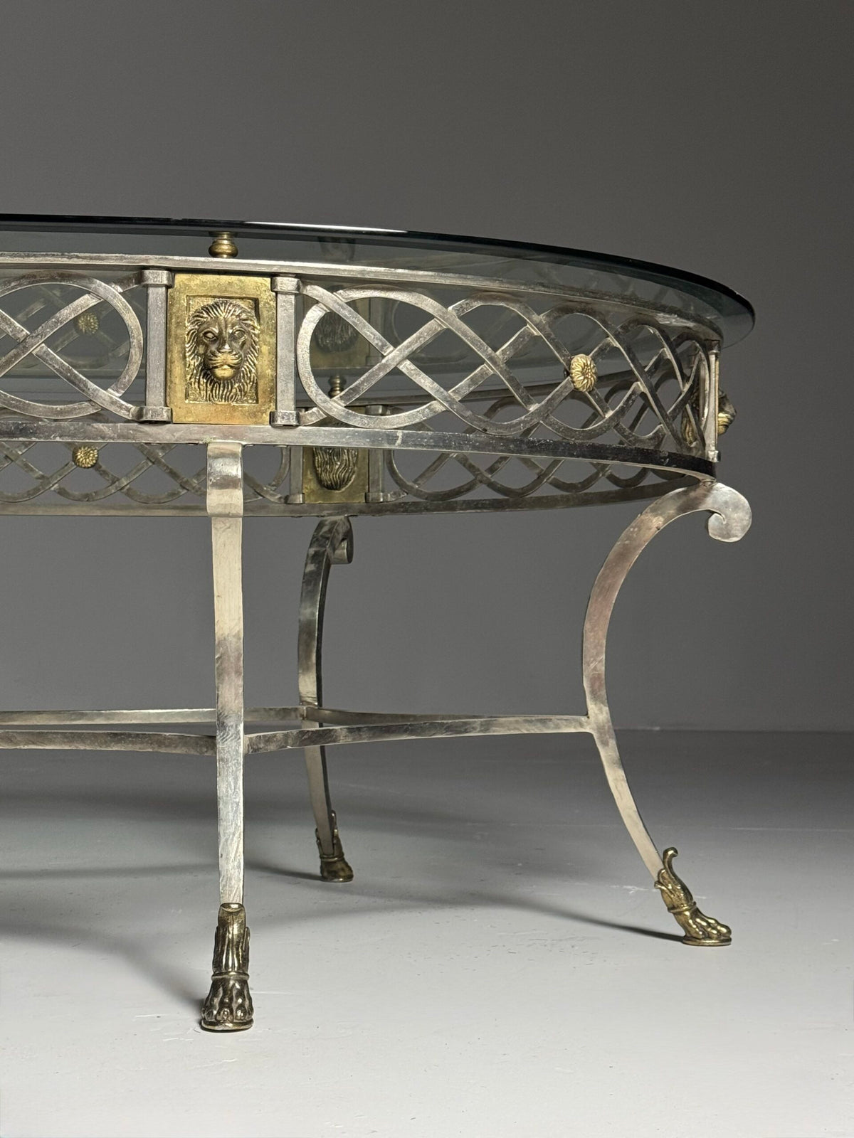 Empire Style Oval Metal Coffee Table with Faceted Glass Top, photo 3