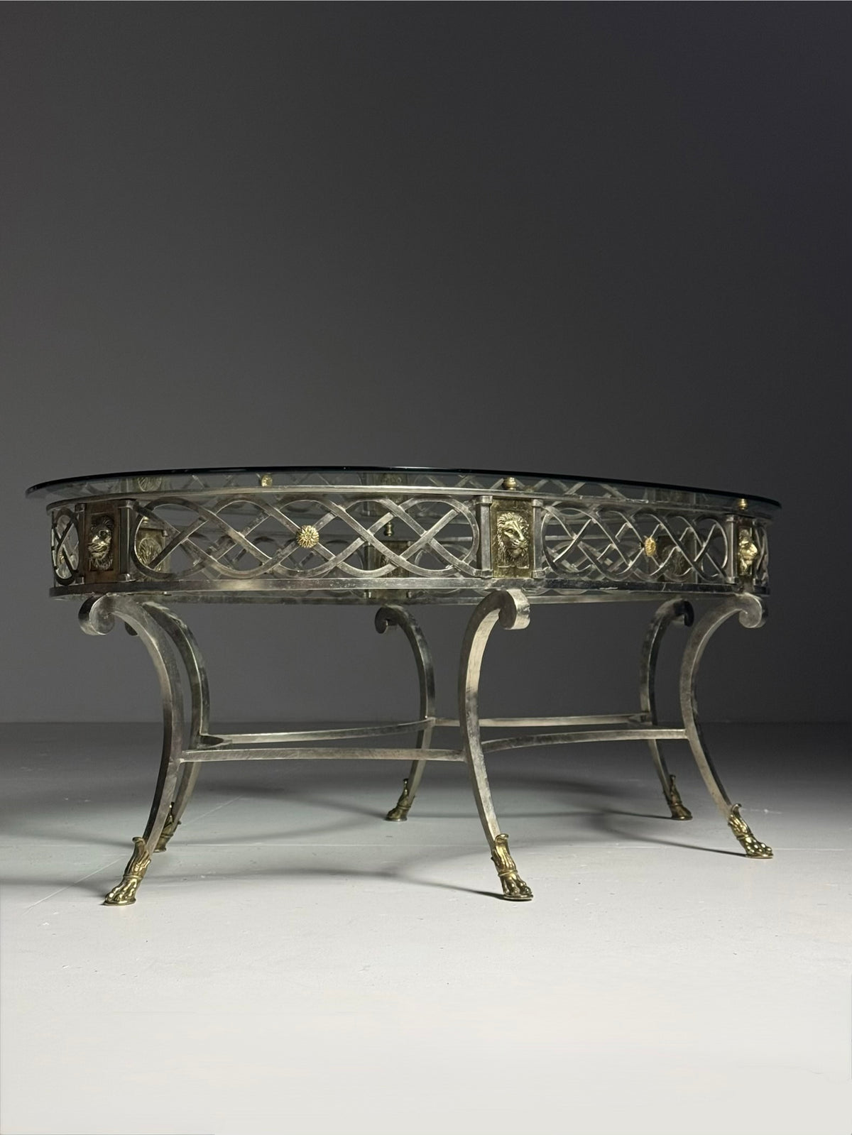Empire Style Oval Metal Coffee Table with Faceted Glass Top, photo 25