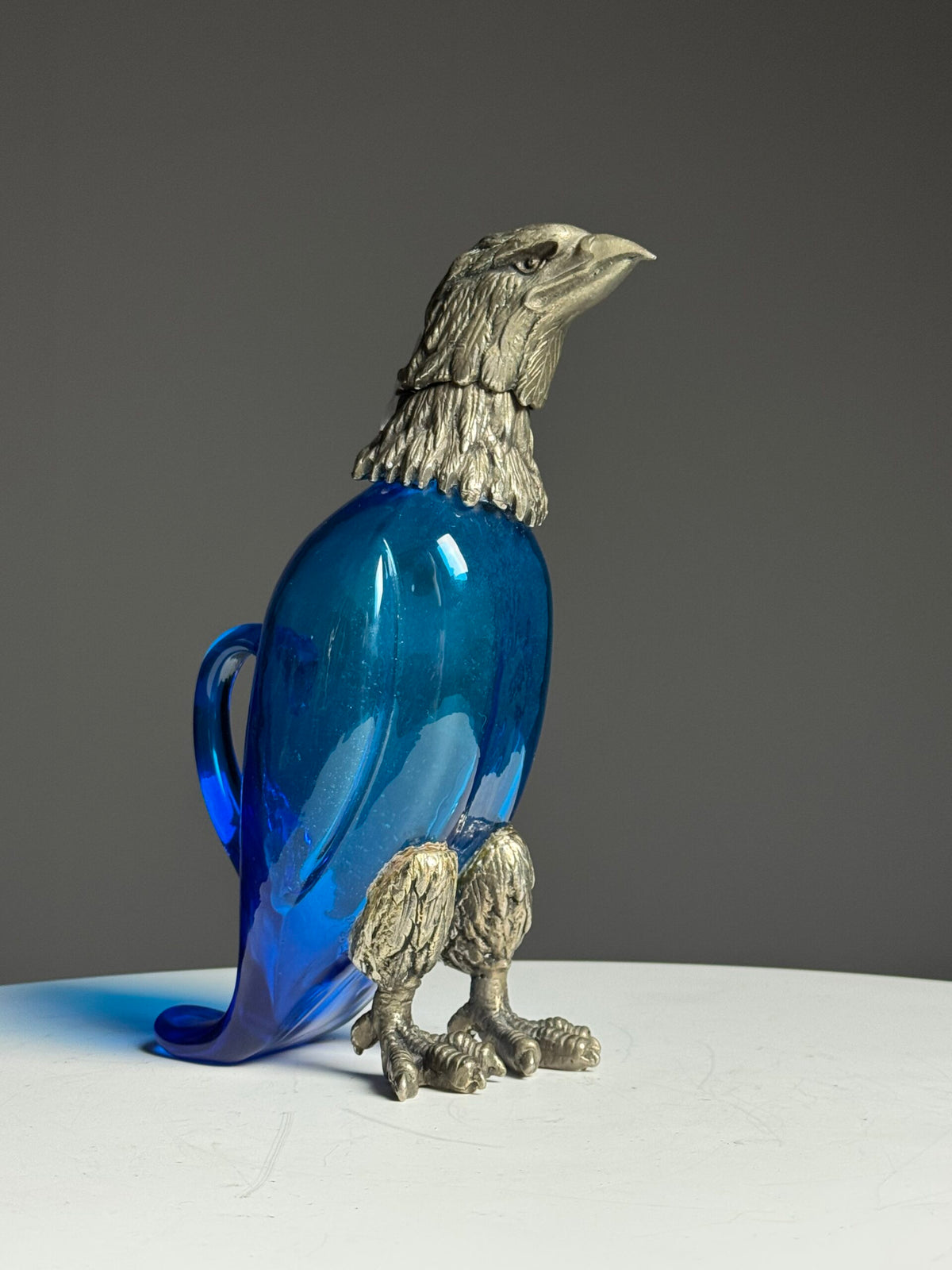 Blue Glass Eagle Decanter with Silver Plated Bronze Head, photo 1