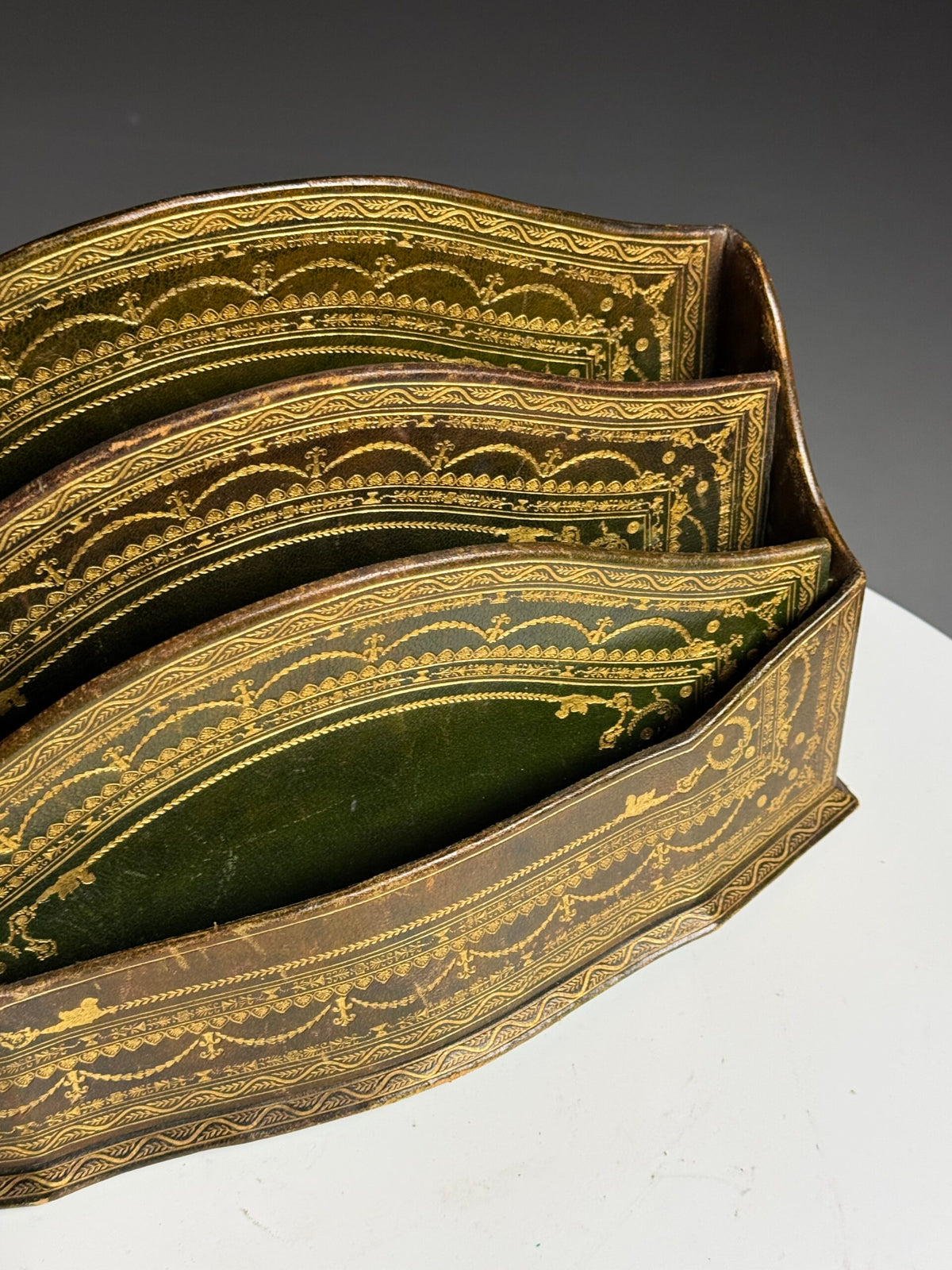 Green and Brown Leather Desk Organiser, France, Early 20th Century, photo 5