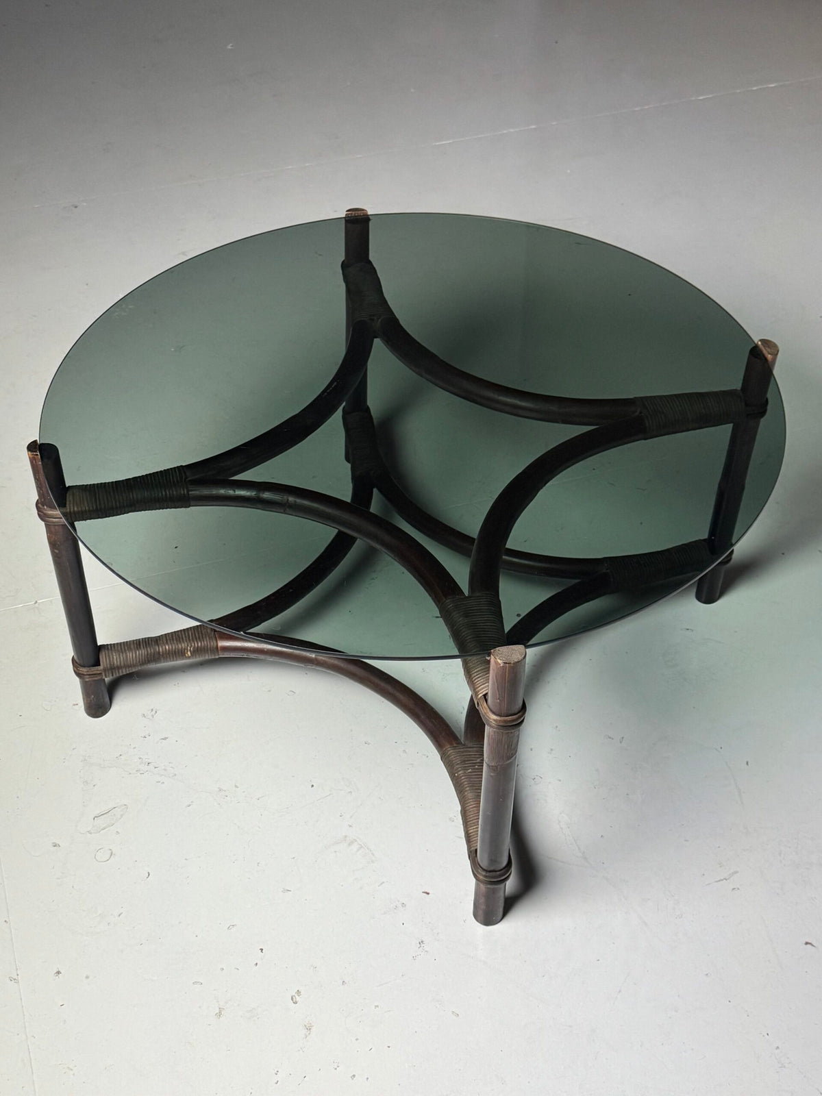 Vintage Rattan Coffee Table with Tinted Glass Top, photo 12