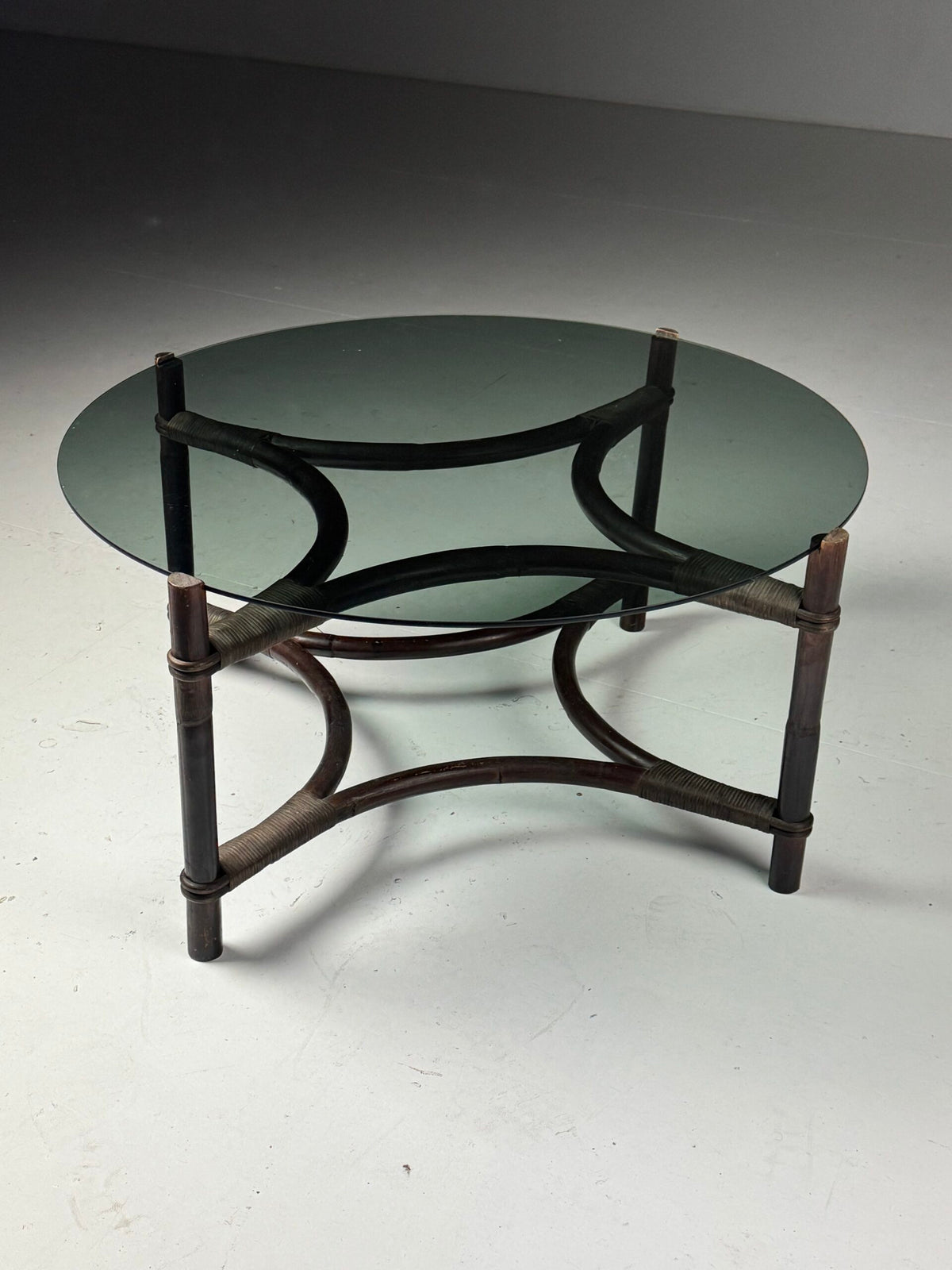 Vintage Rattan Coffee Table with Tinted Glass Top, photo 11