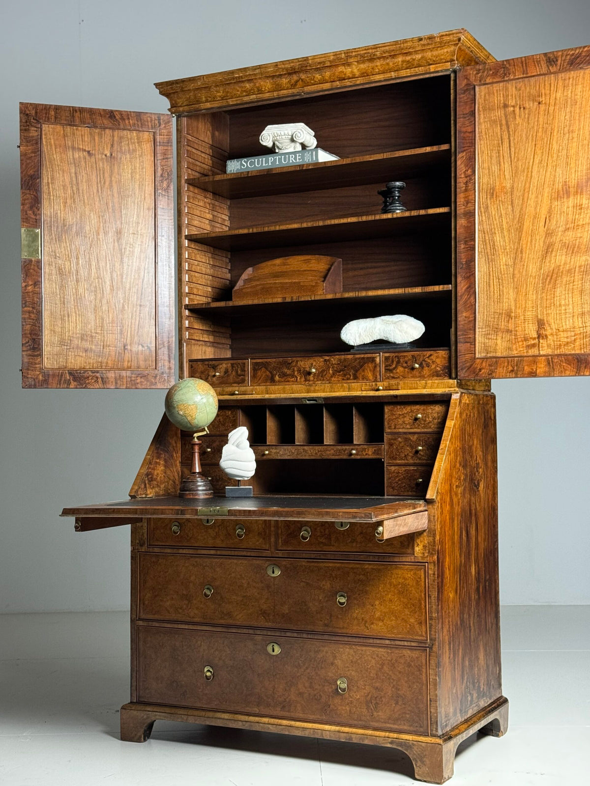 English Burr Walnut Bureau Bookcase, Early 19th Century, photo 28