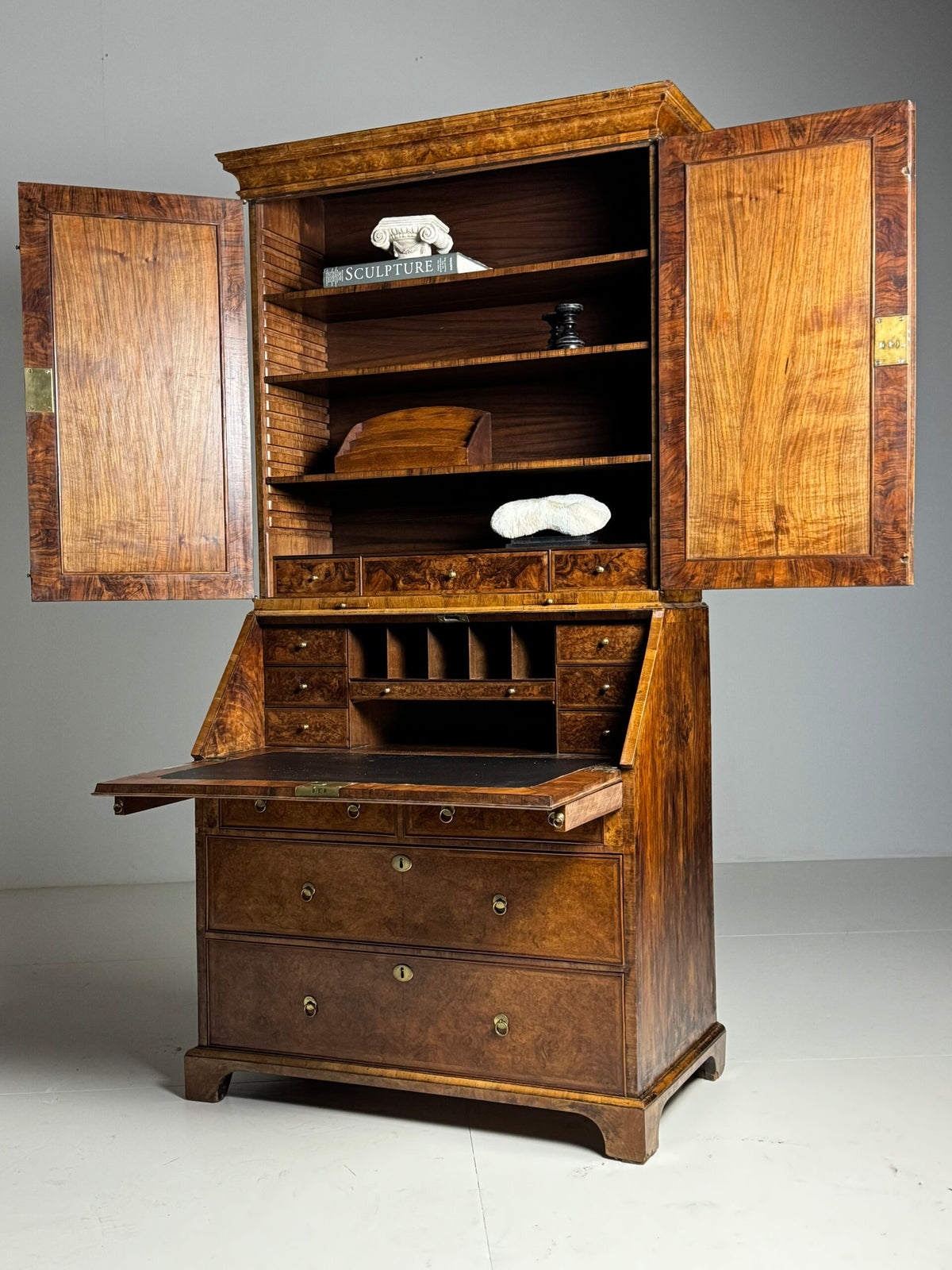 English Burr Walnut Bureau Bookcase, Early 19th Century, photo 32