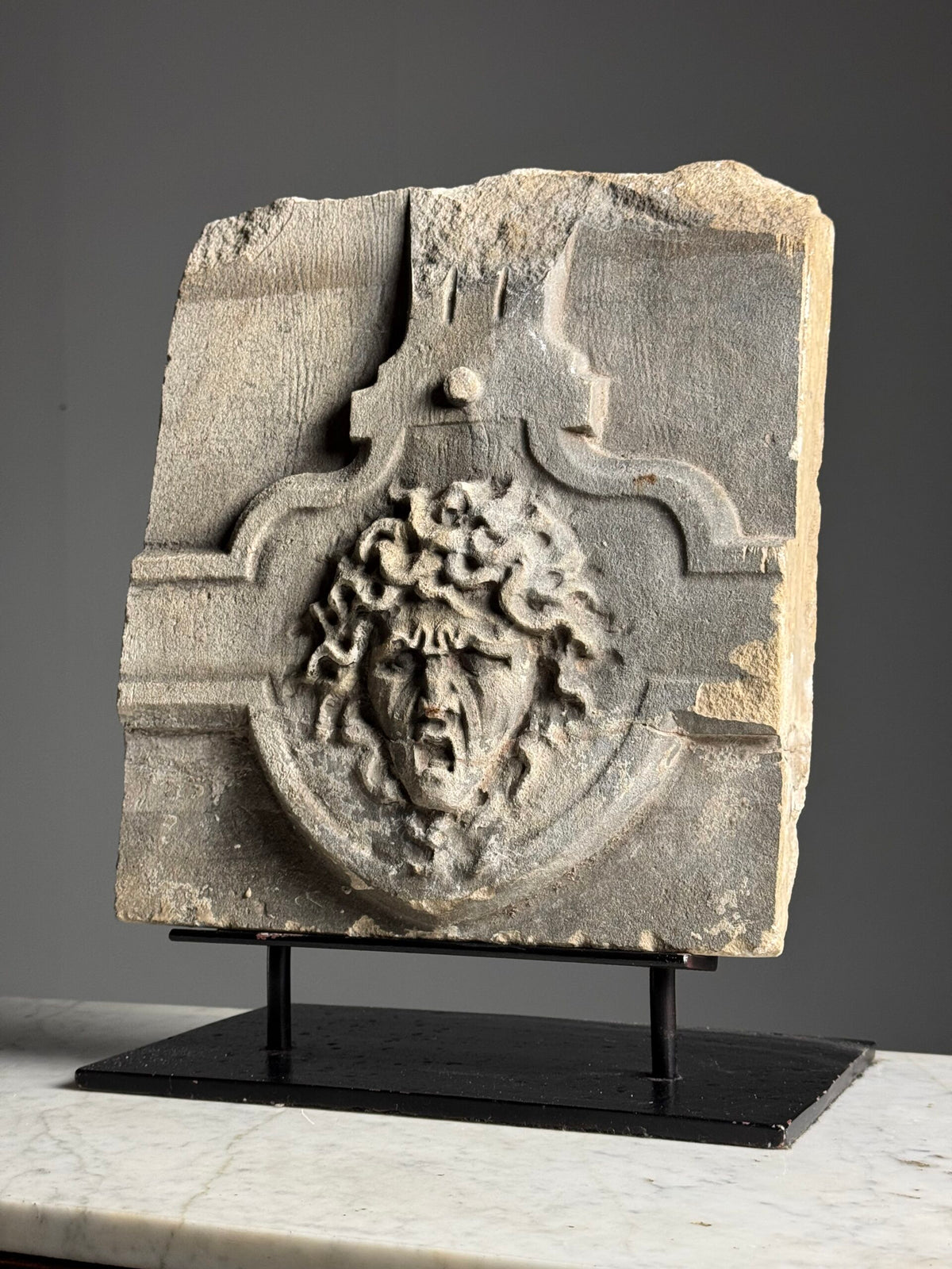 Carved Stone Medusa Fragment on Black Stand, 18th Century, photo 13