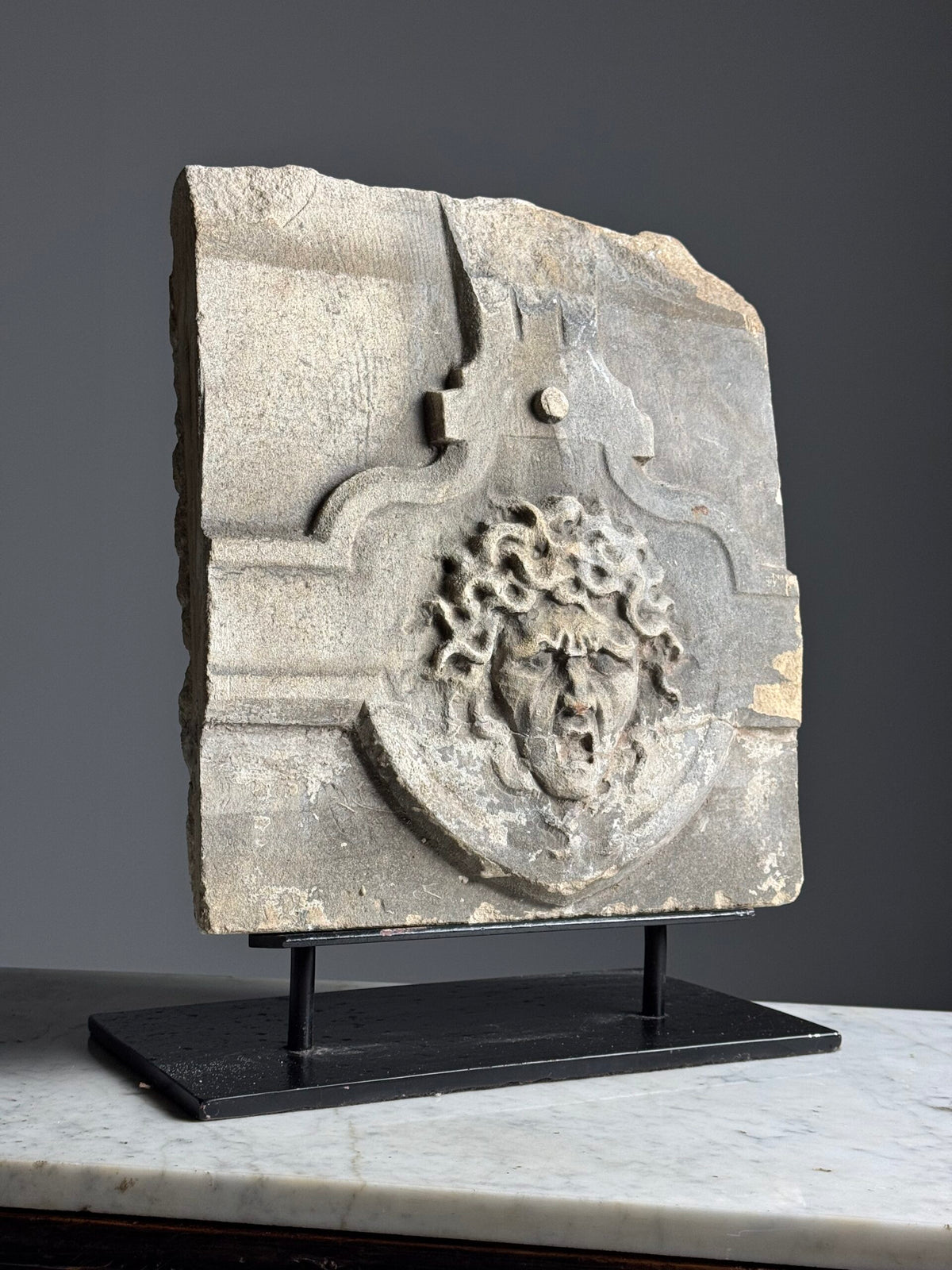 Carved Stone Medusa Fragment on Black Stand, 18th Century, photo 8