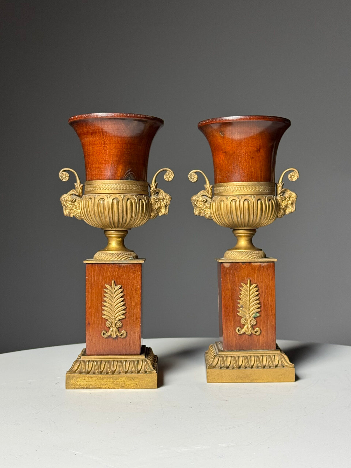 Pair of 19th Century Mahogany Vases with Gilt Bronze Ram's Heads, photo 23