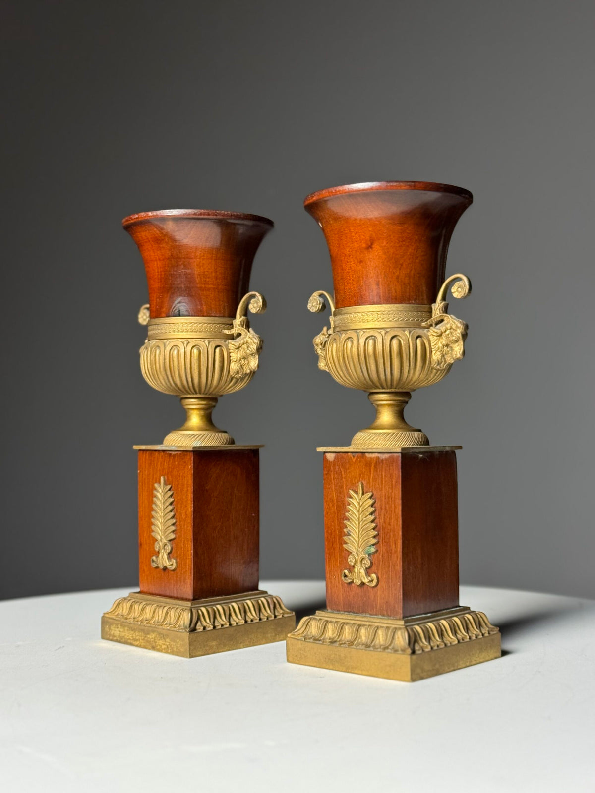 Pair of 19th Century Mahogany Vases with Gilt Bronze Ram's Heads, photo 21