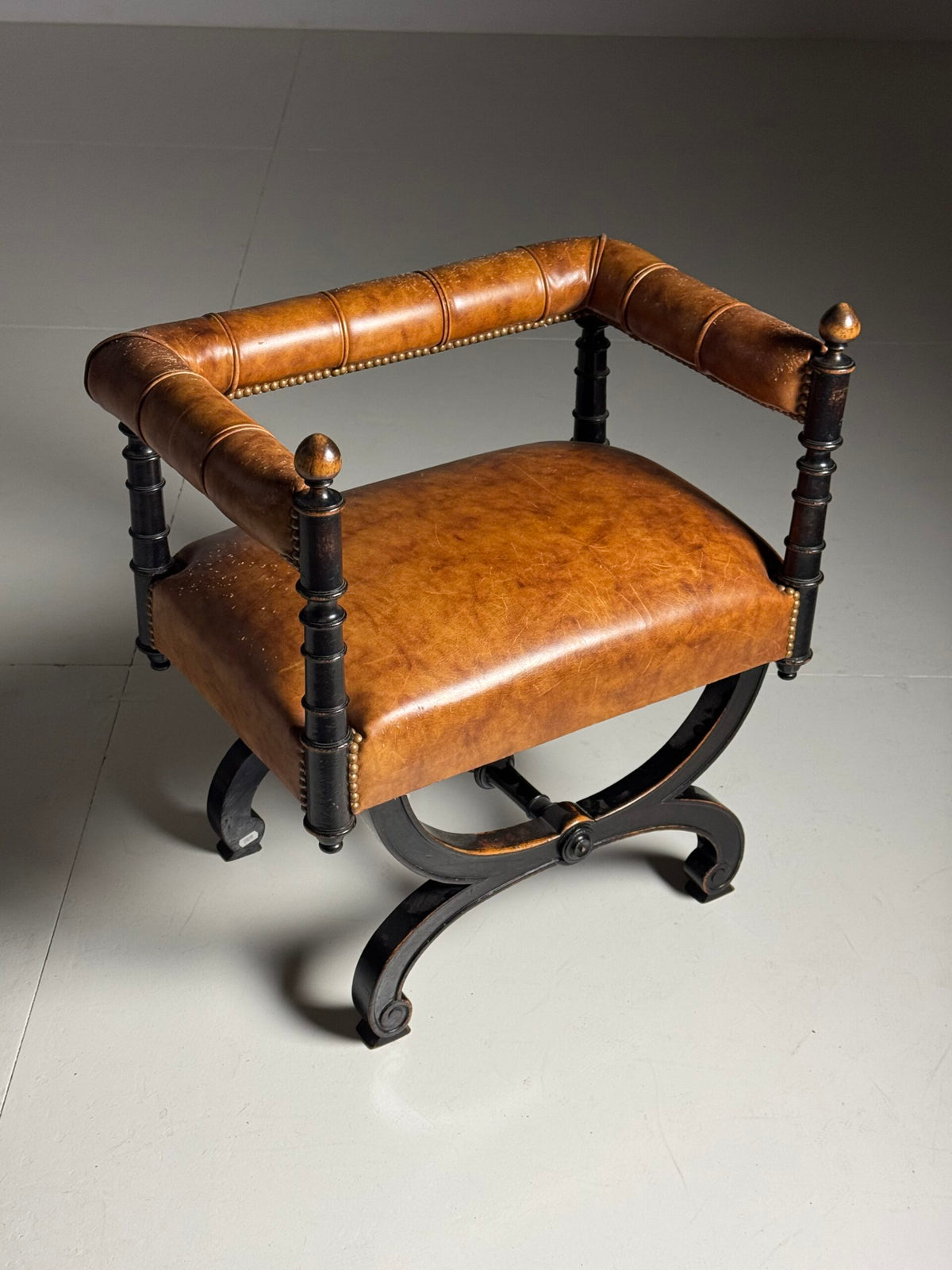 English Ebonized Stool with Sheepskin, Early 20th Century, photo 16