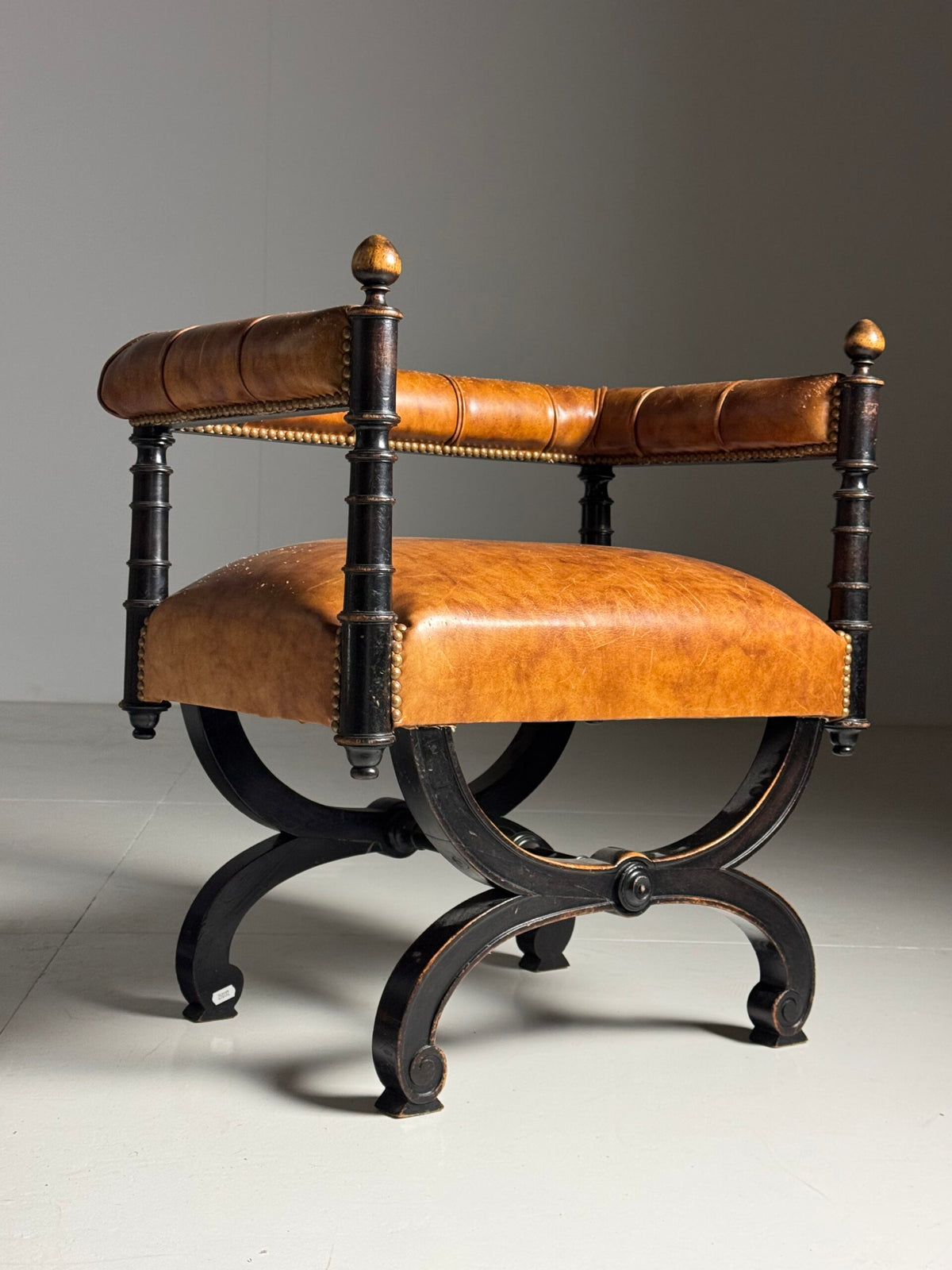 English Ebonized Stool with Sheepskin, Early 20th Century, photo 15