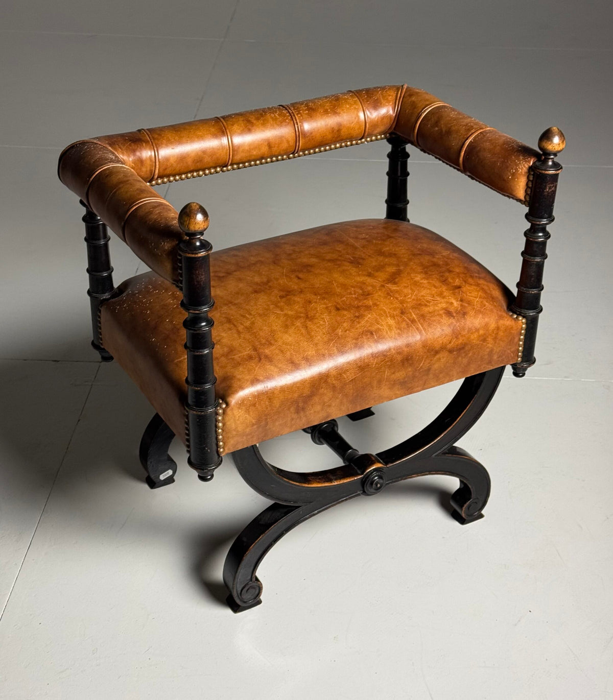 English Ebonized Stool with Sheepskin, Early 20th Century, photo 11