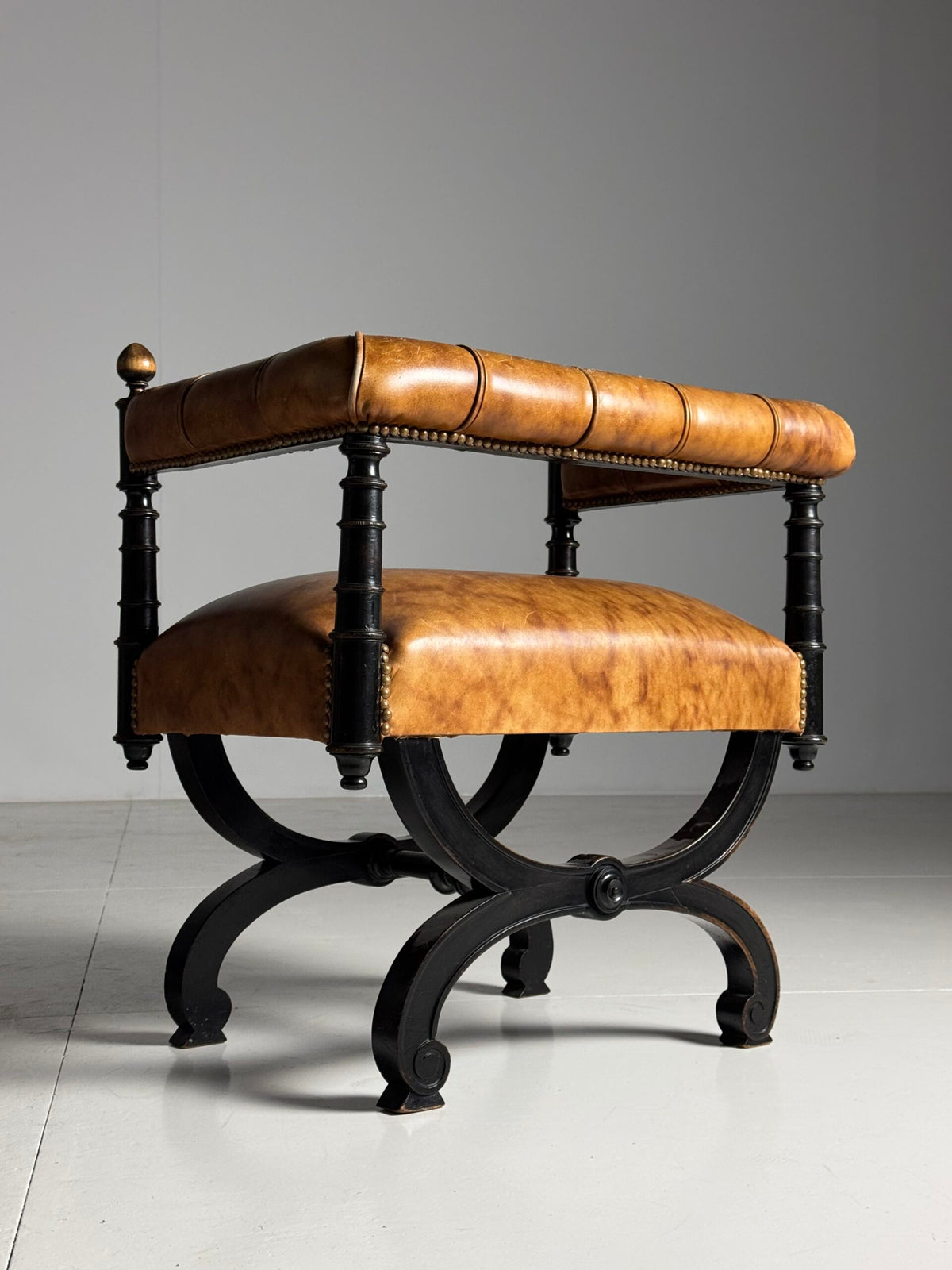 English Ebonized Stool with Sheepskin, Early 20th Century, photo 3