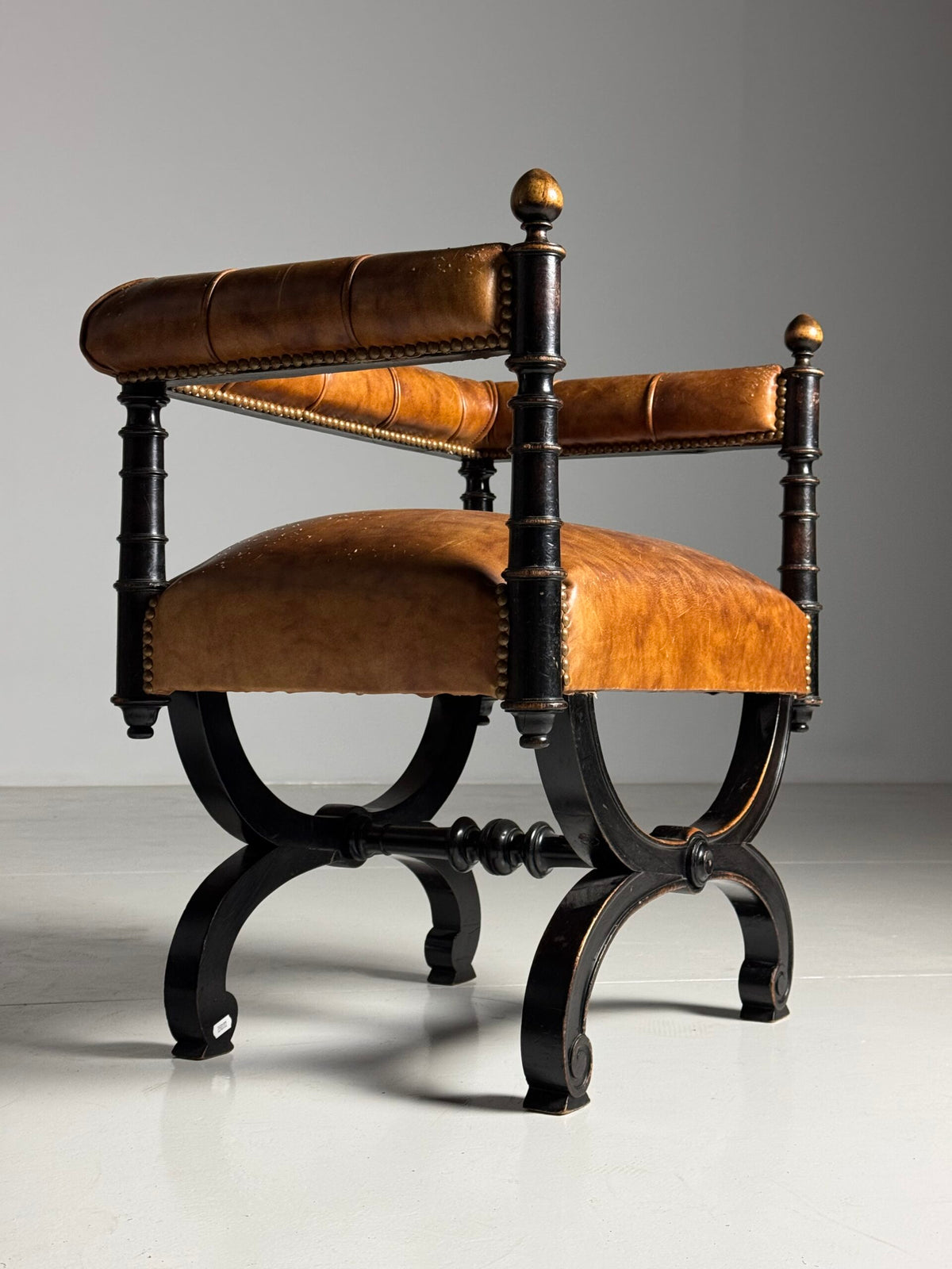 English Ebonized Stool with Sheepskin, Early 20th Century, photo 1