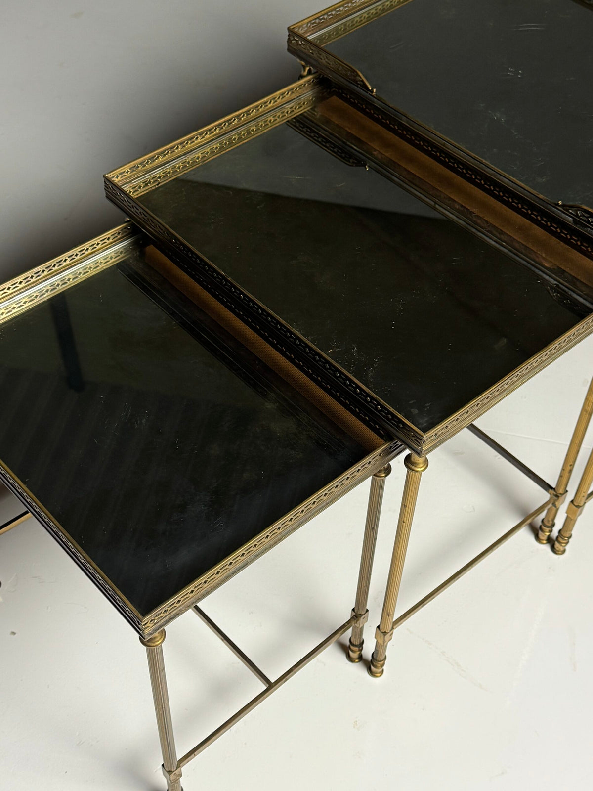 Set of Three Vintage French Nesting Tables with Tinted Mirror Glass, photo 11