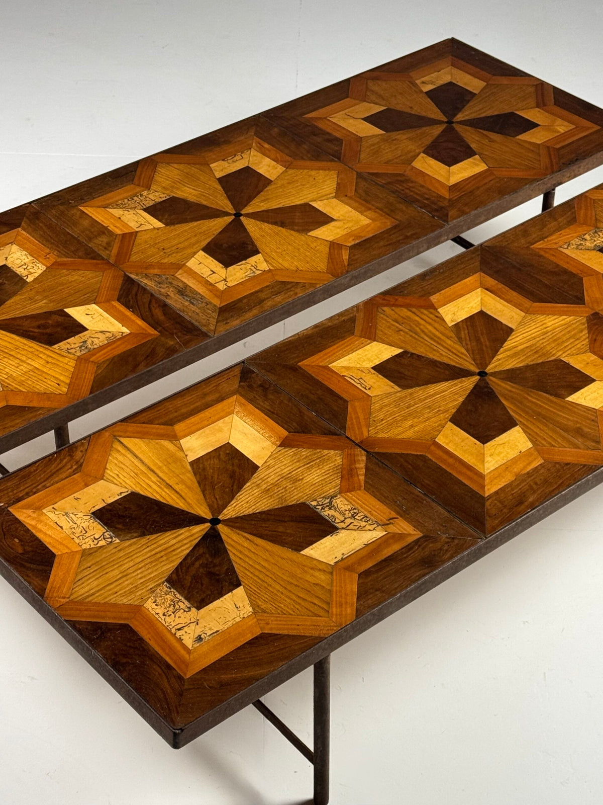 Pair of Metal Coffee Tables with 19th Century Parquet Panels, photo 12