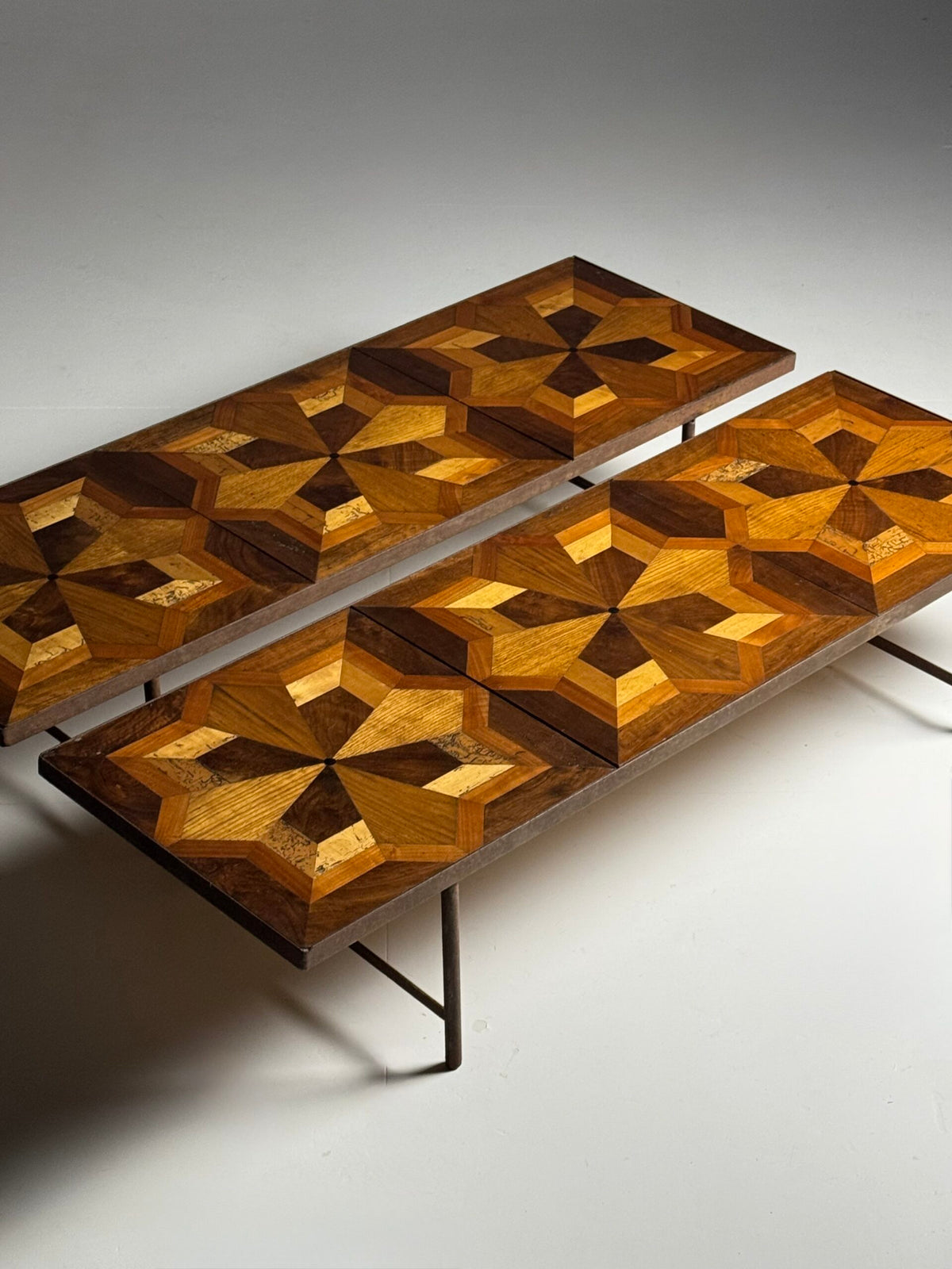 Pair of Metal Coffee Tables with 19th Century Parquet Panels, photo 11