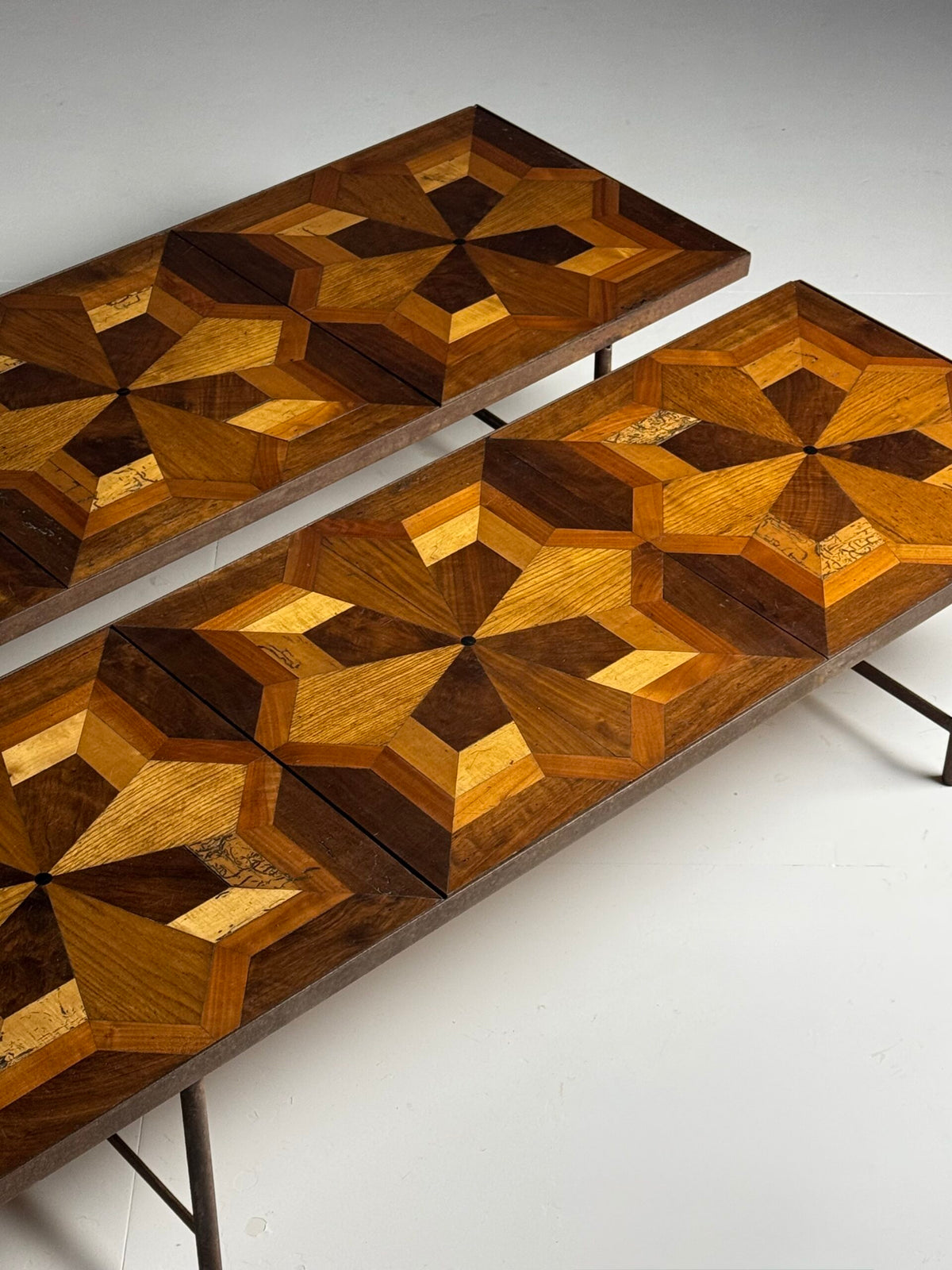 Pair of Metal Coffee Tables with 19th Century Parquet Panels, photo 9