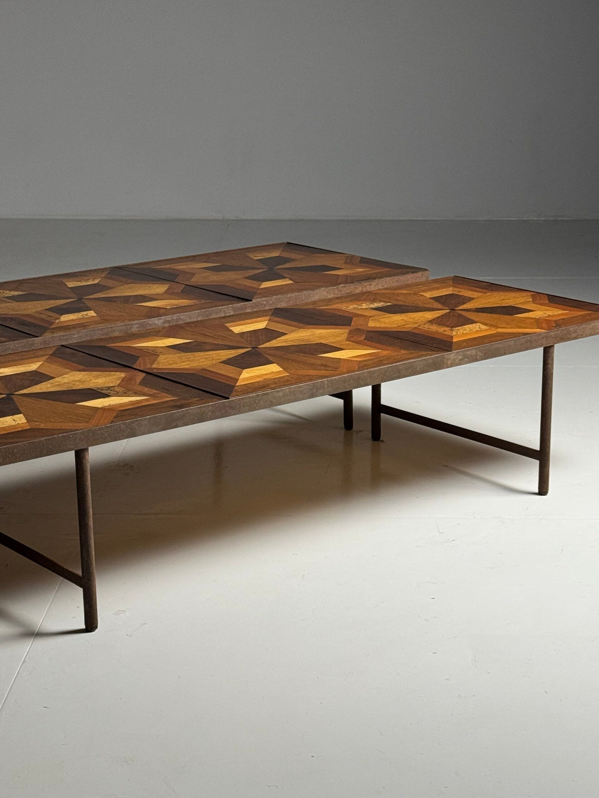 Pair of Metal Coffee Tables with 19th Century Parquet Panels, photo 7