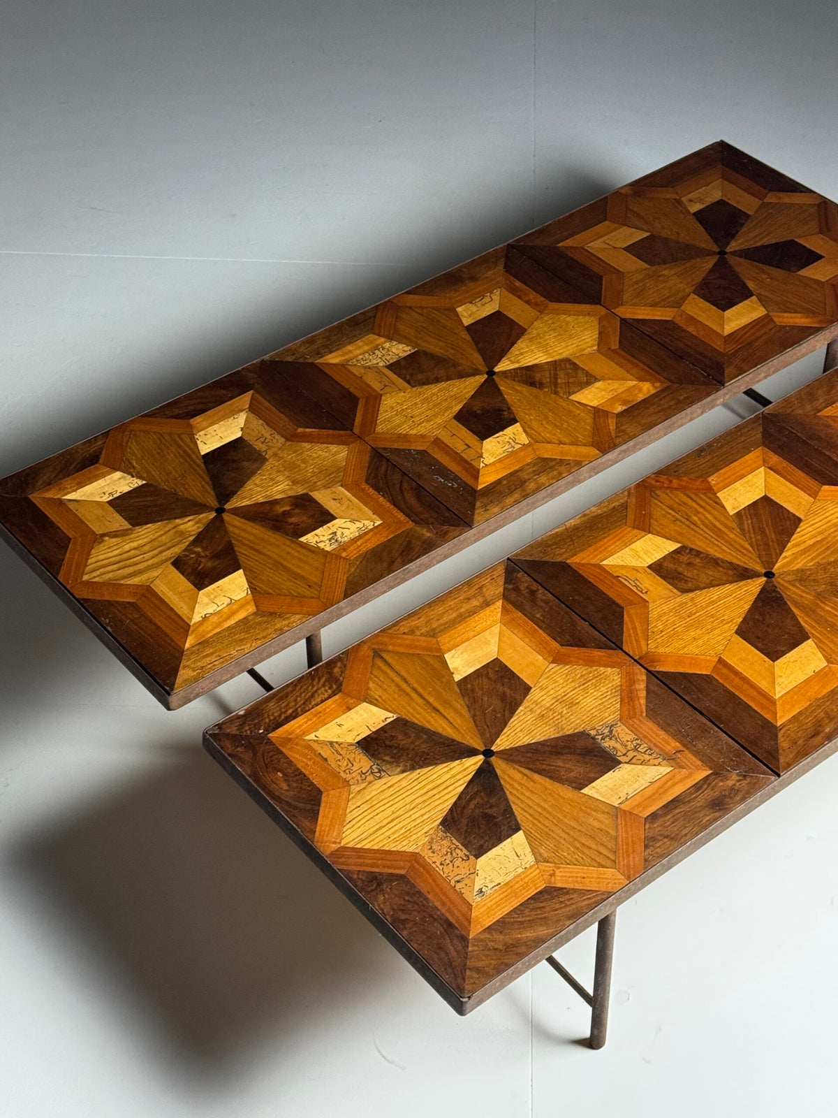 Pair of Metal Coffee Tables with 19th Century Parquet Panels, photo 1