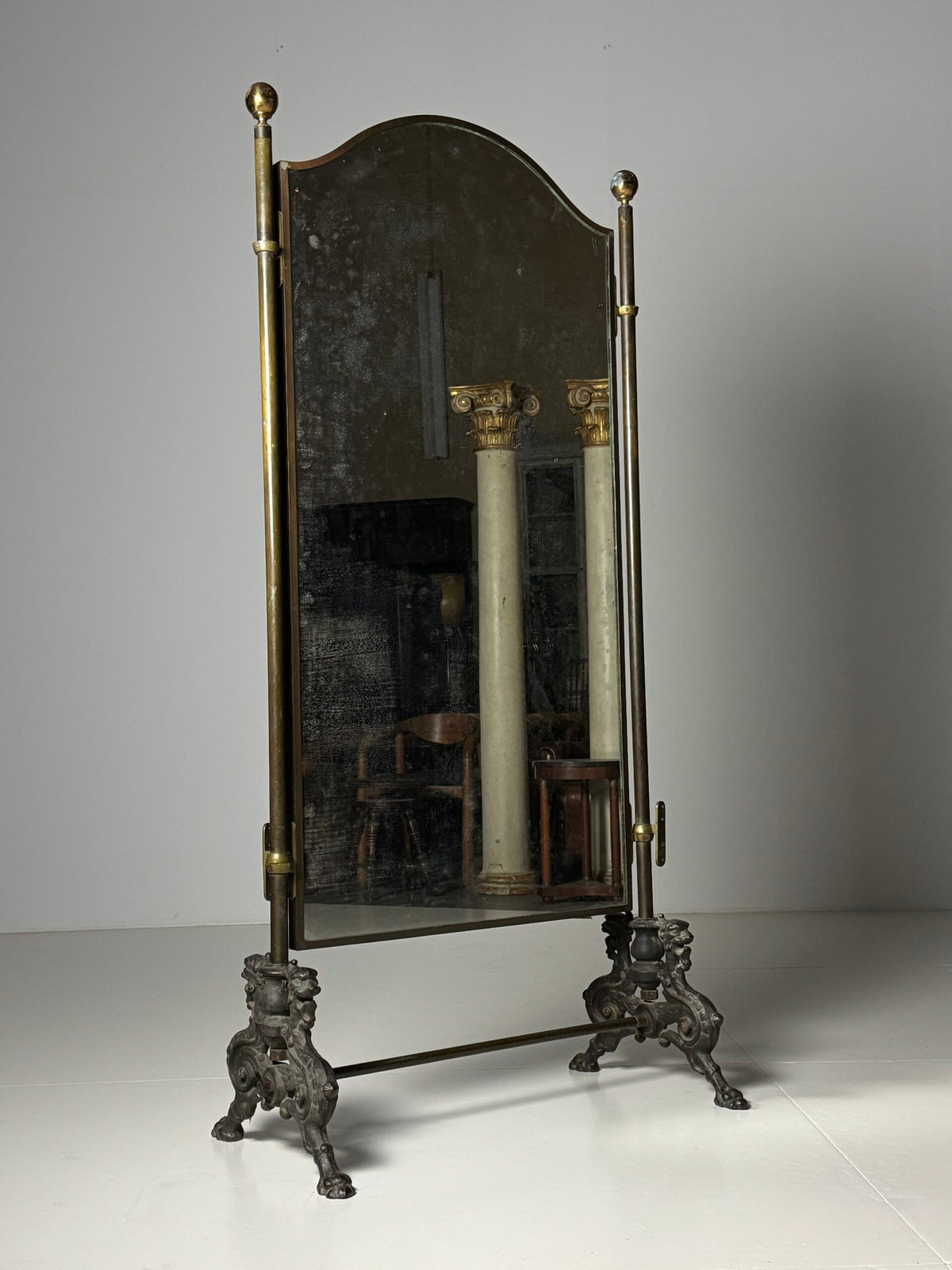 Victorian Brass and Bronze Standing Mirror with Griffins, c. 1890, photo 3