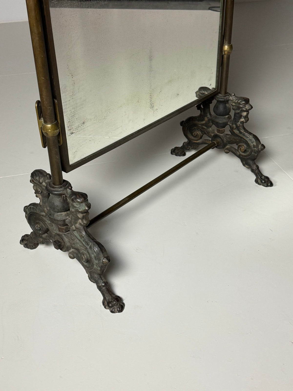 Victorian Brass and Bronze Standing Mirror with Griffins, c. 1890, photo 7