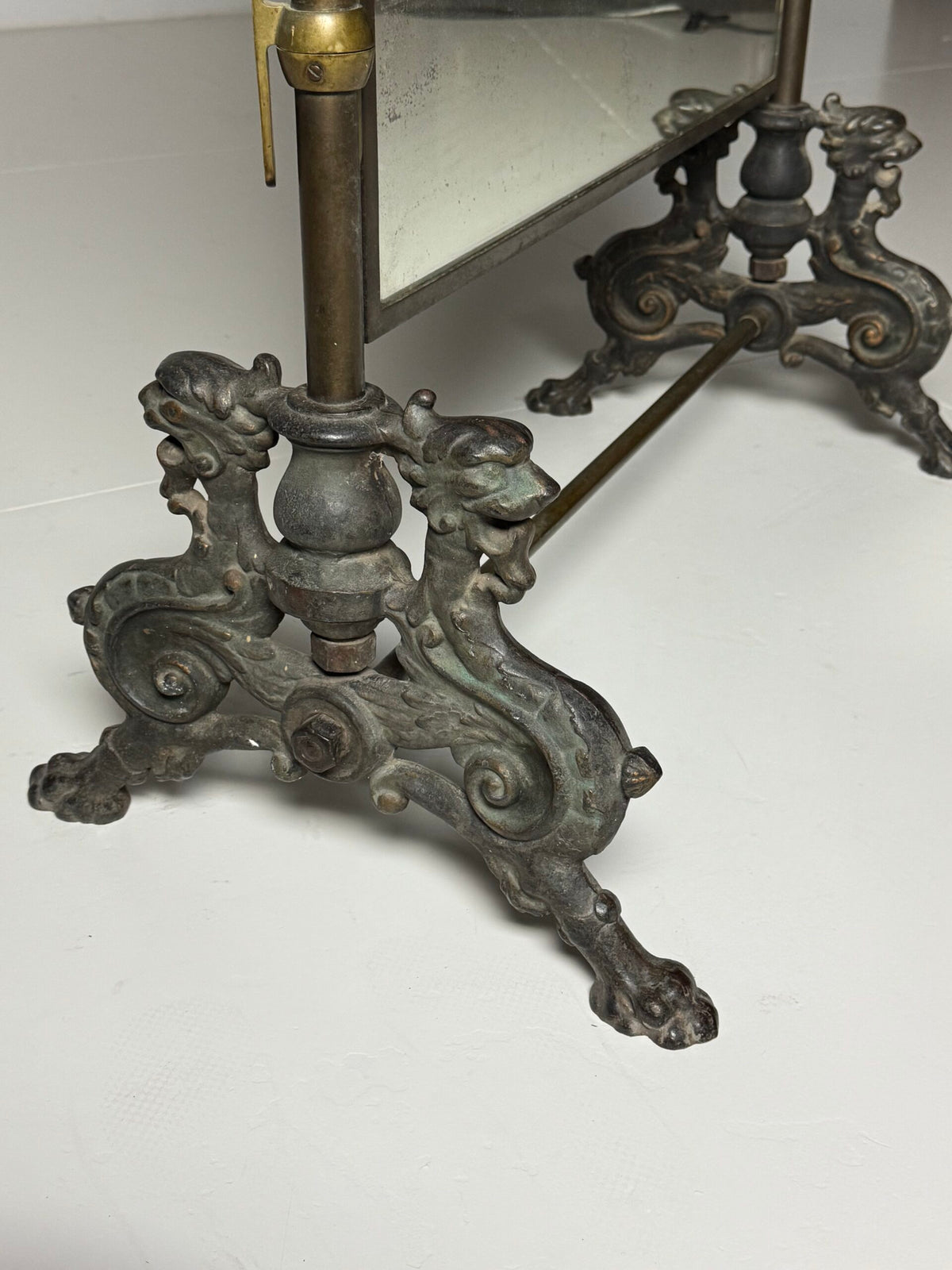 Victorian Brass and Bronze Standing Mirror with Griffins, c. 1890, photo 12