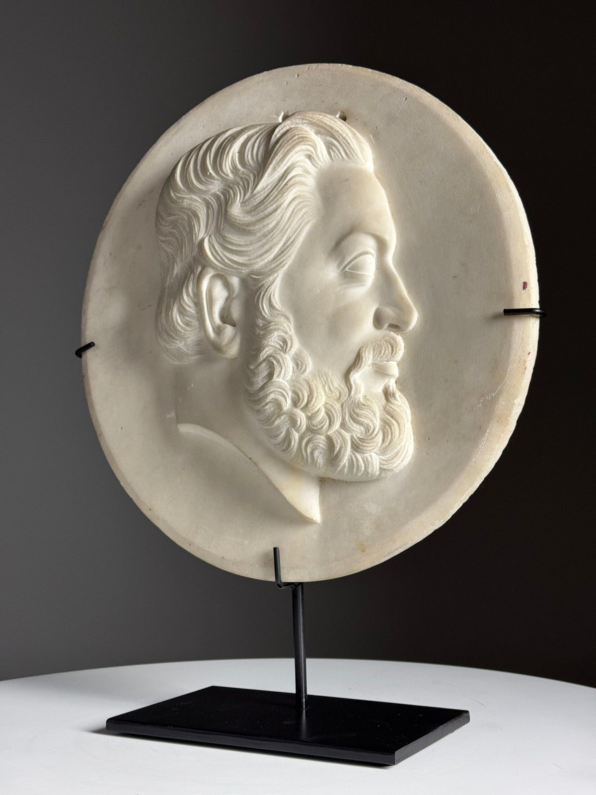 19th Century White Carrara Marble Portrait Medallion on Stand, photo 9