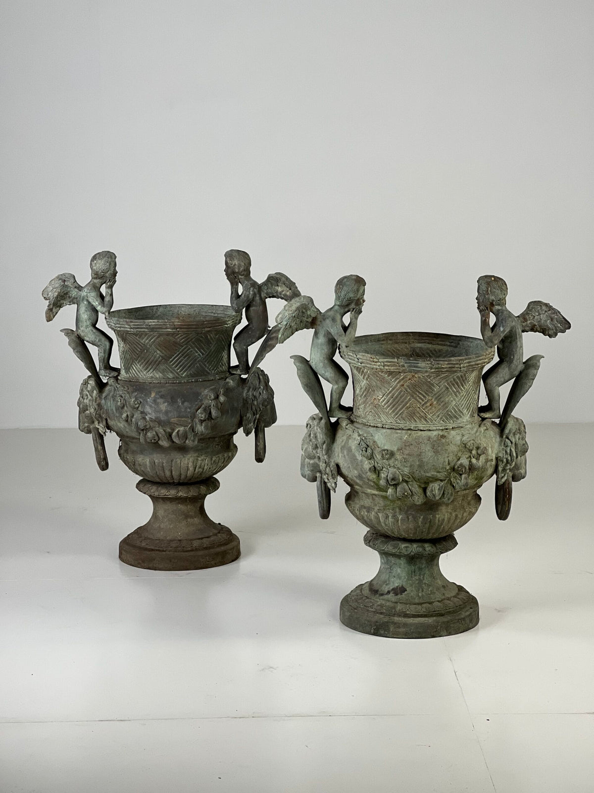 Pair of Large Bronze Garden Urns with Seated Angels, photo 10