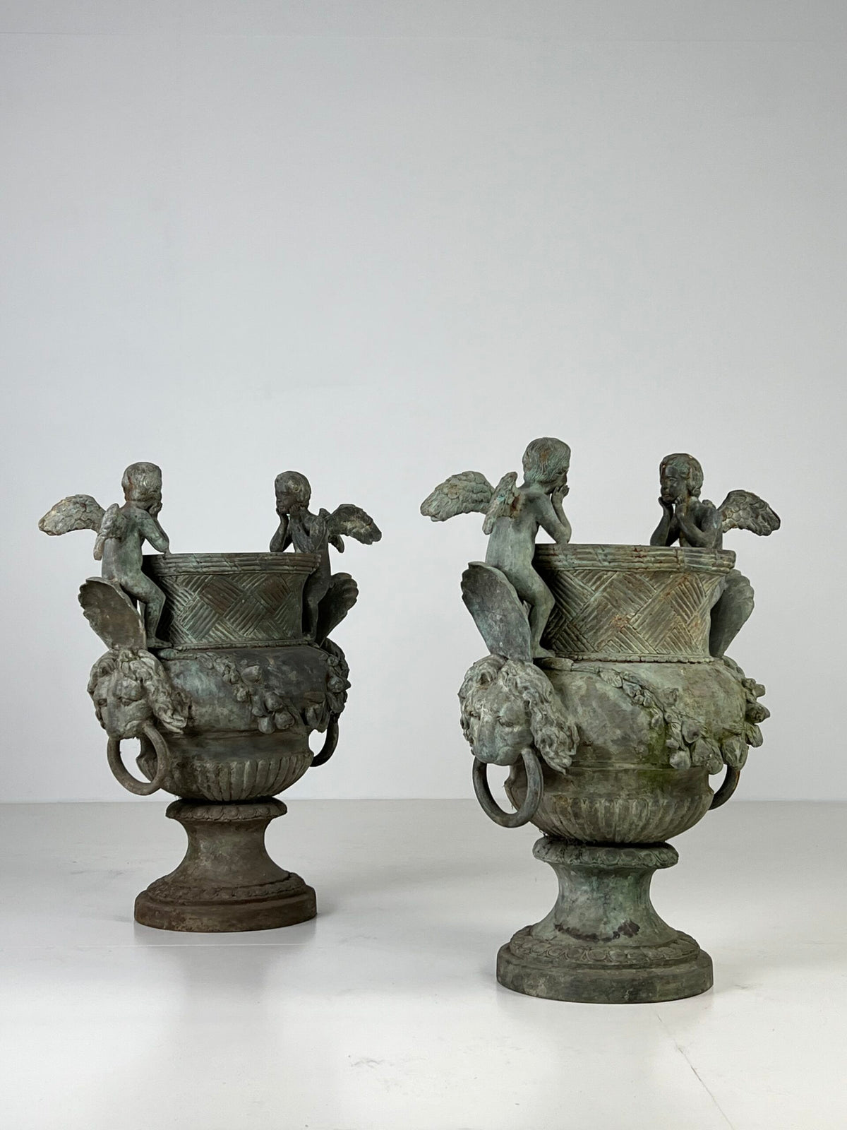 Pair of Large Bronze Garden Urns with Seated Angels, photo 6