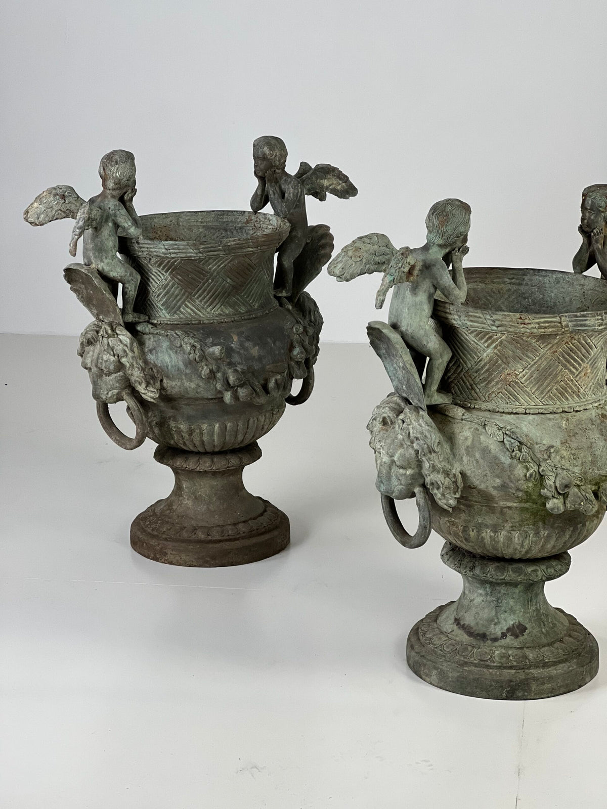 Pair of Large Bronze Garden Urns with Seated Angels, photo 4
