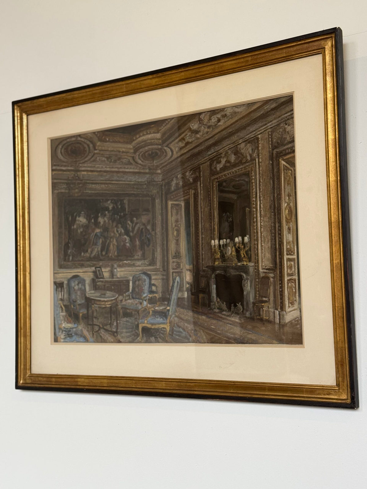 Pastel Drawing of a French Chateau Salon, Signed G. Gay, 1939, photo 1