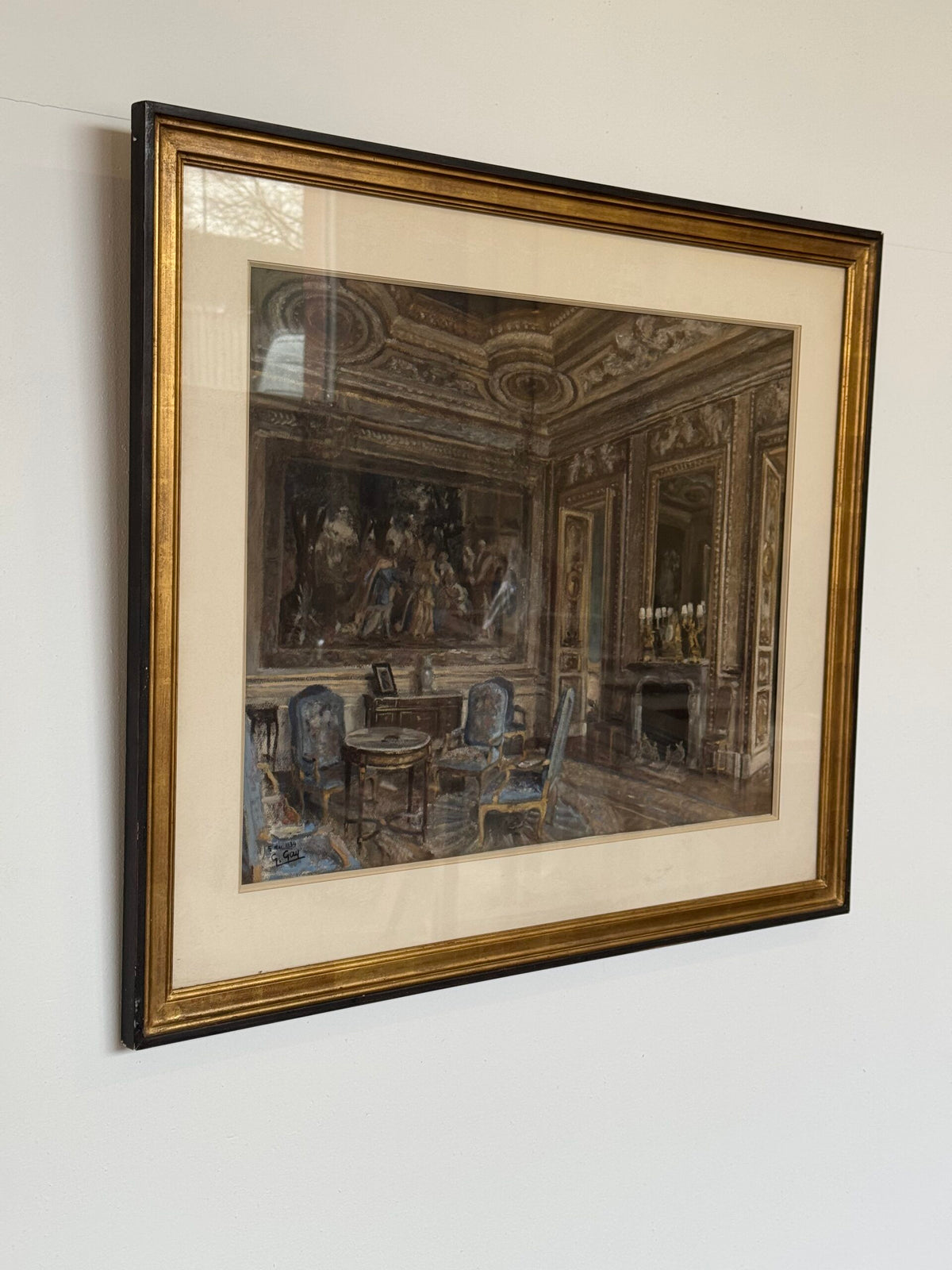 Pastel Drawing of a French Chateau Salon, Signed G. Gay, 1939, photo 9