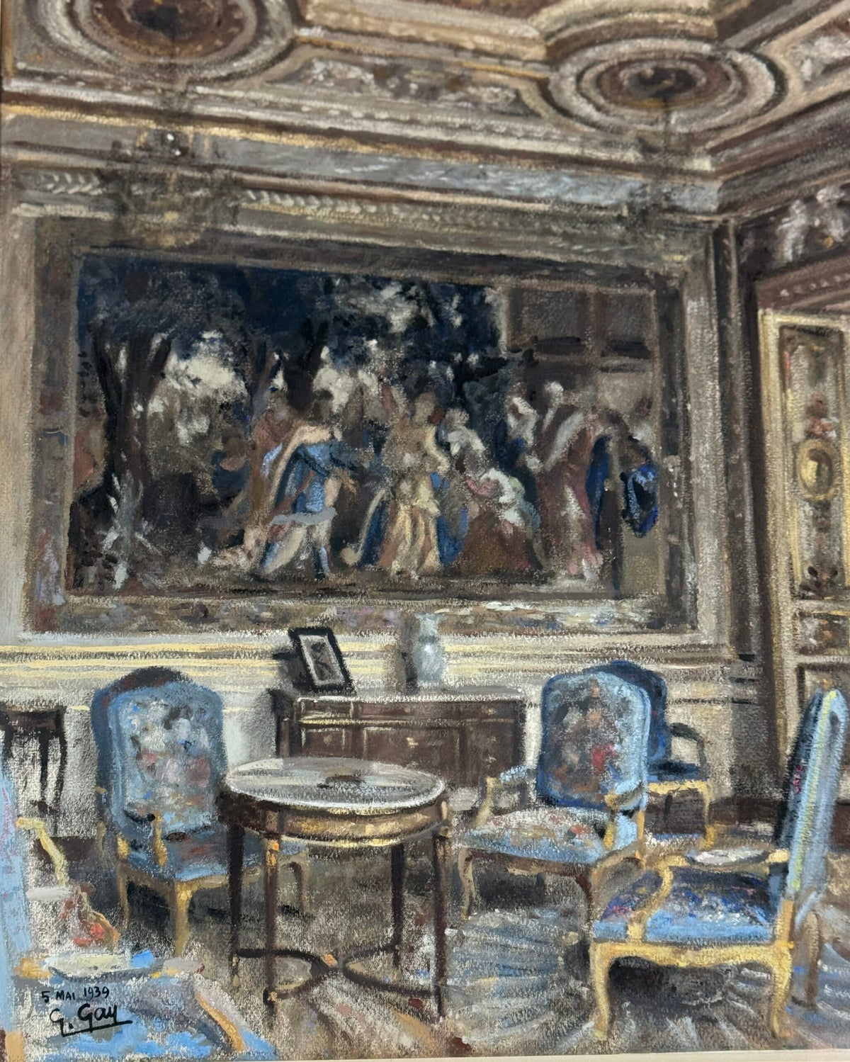 Pastel Drawing of a French Chateau Salon, Signed G. Gay, 1939, photo 4