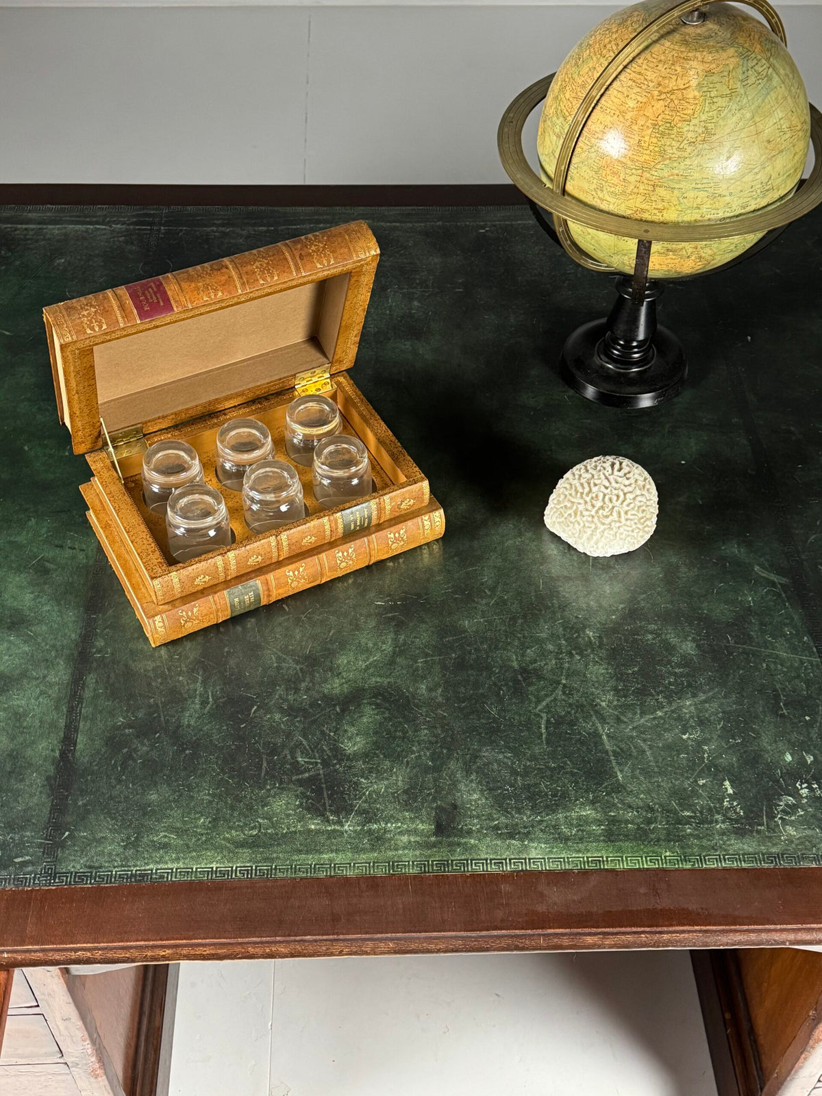 English Partner Desk with Green Leather Top, Mid 20th Century, photo 15