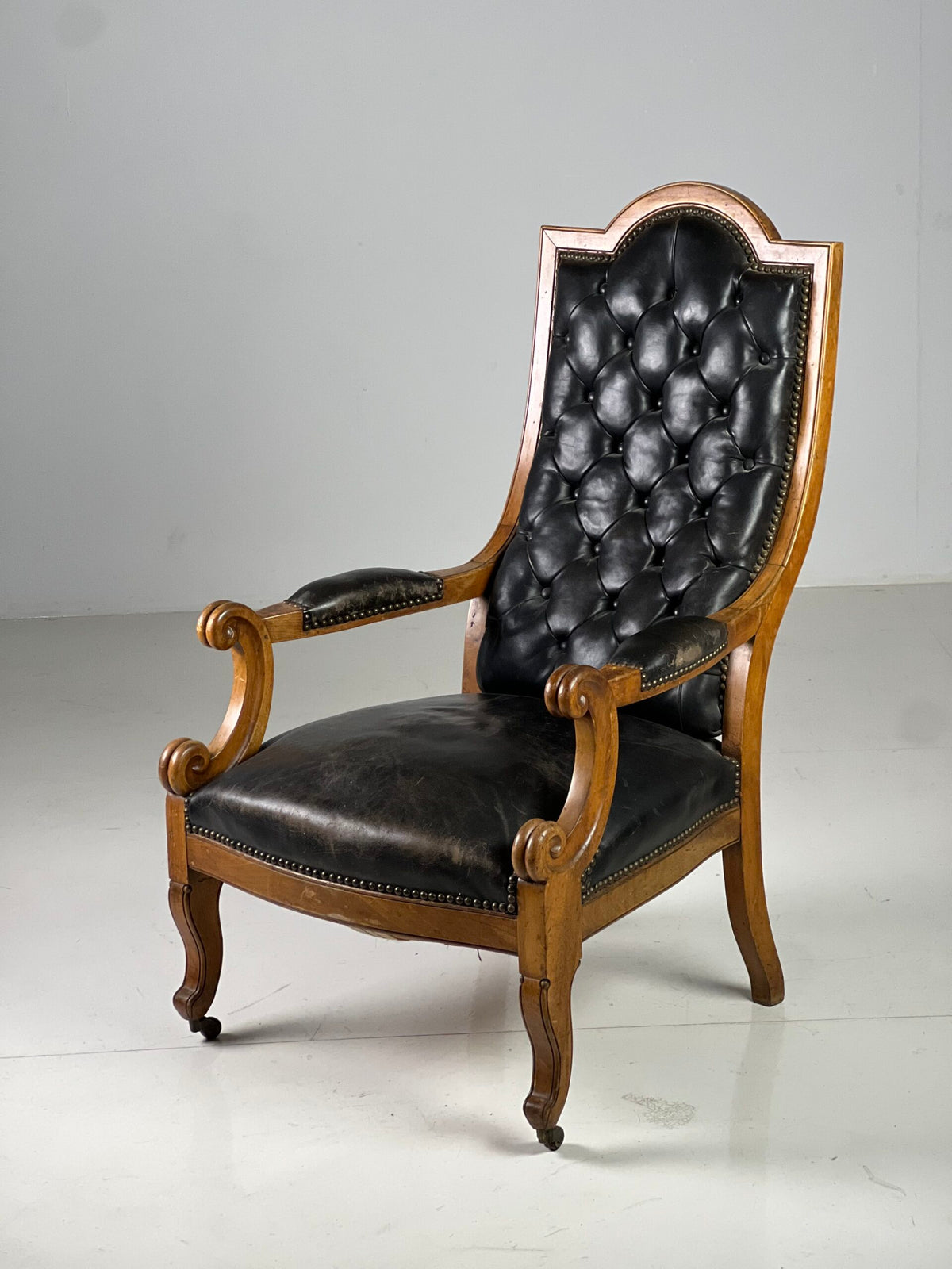 French Black Leather Tufted Armchair, c. 1900, photo 6