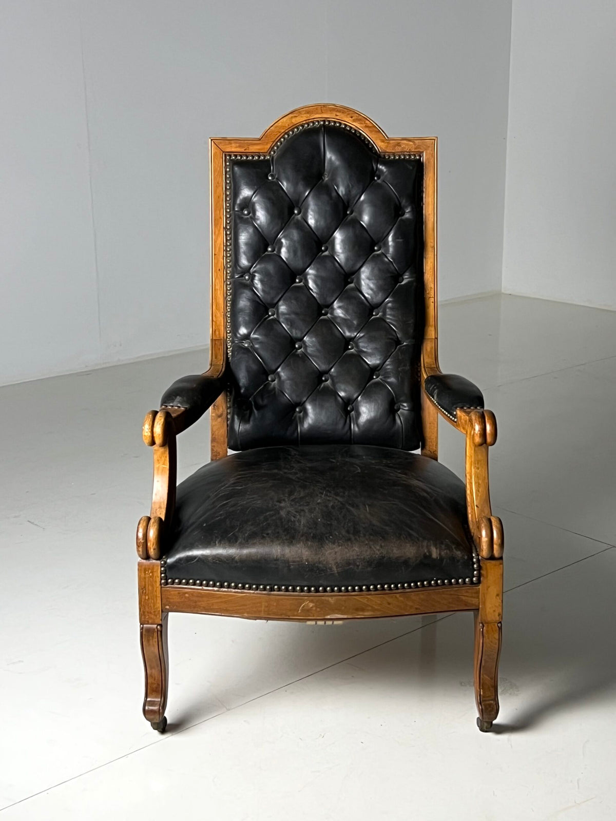 French Black Leather Tufted Armchair, c. 1900, photo 7