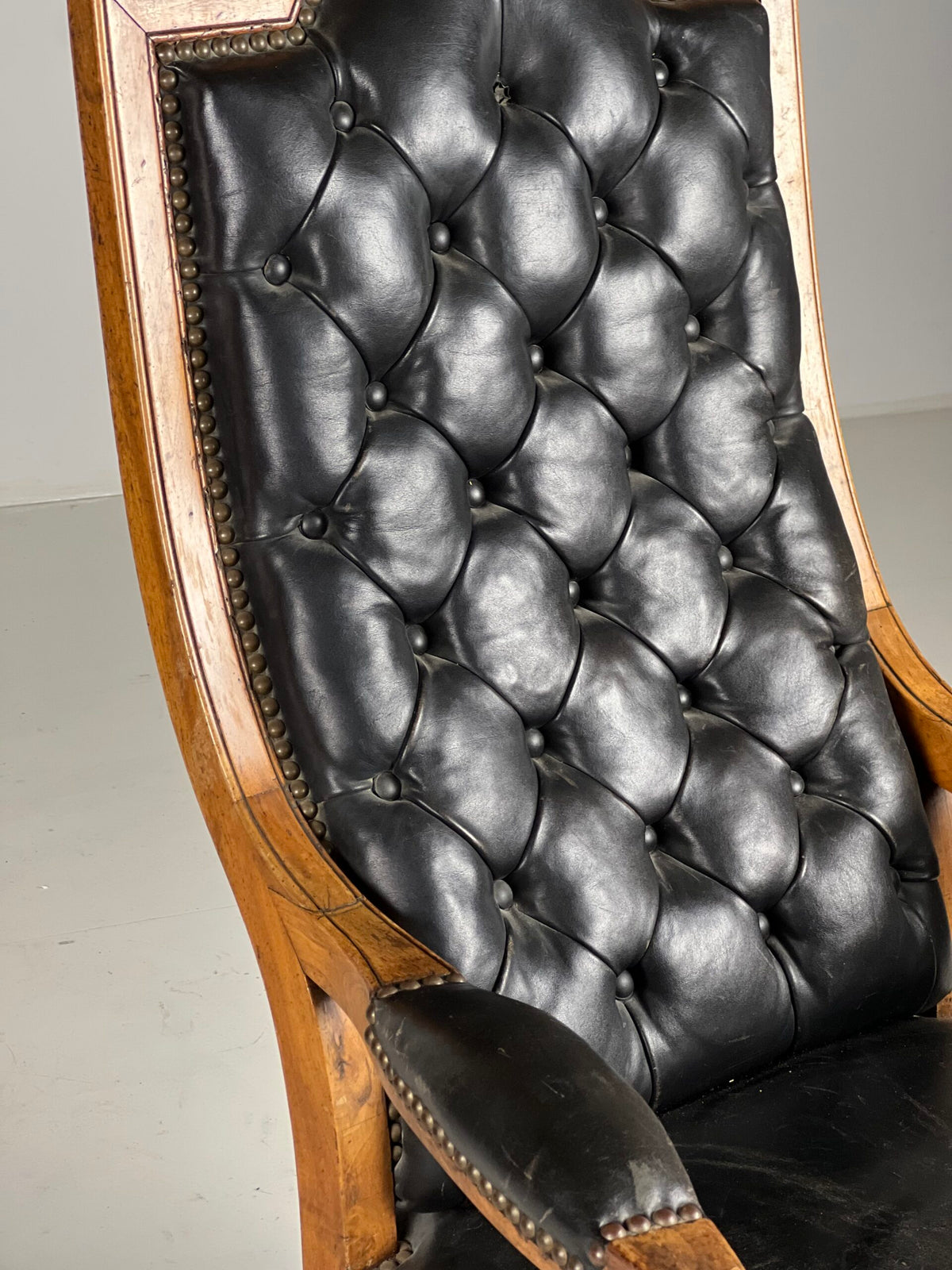 French Black Leather Tufted Armchair, c. 1900, photo 24