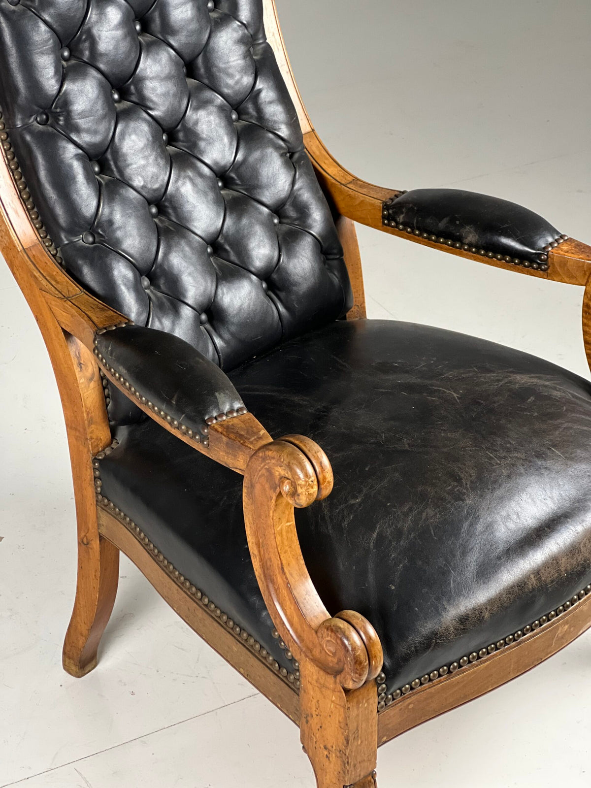French Black Leather Tufted Armchair, c. 1900, photo 25