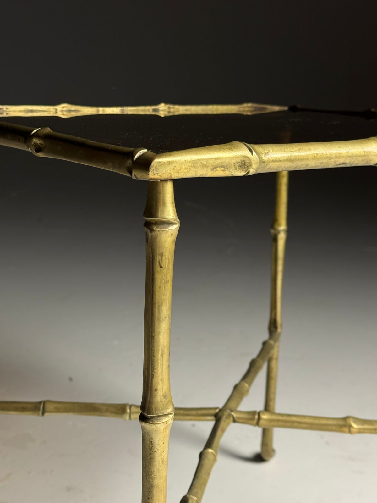 Mid Century Faux Bamboo Side Table with Tinted Glass, photo 4
