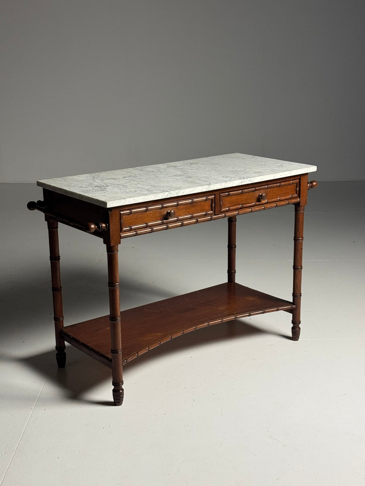 French Faux Bamboo Pine Side Table with Marble Top, c. 1900, photo 1