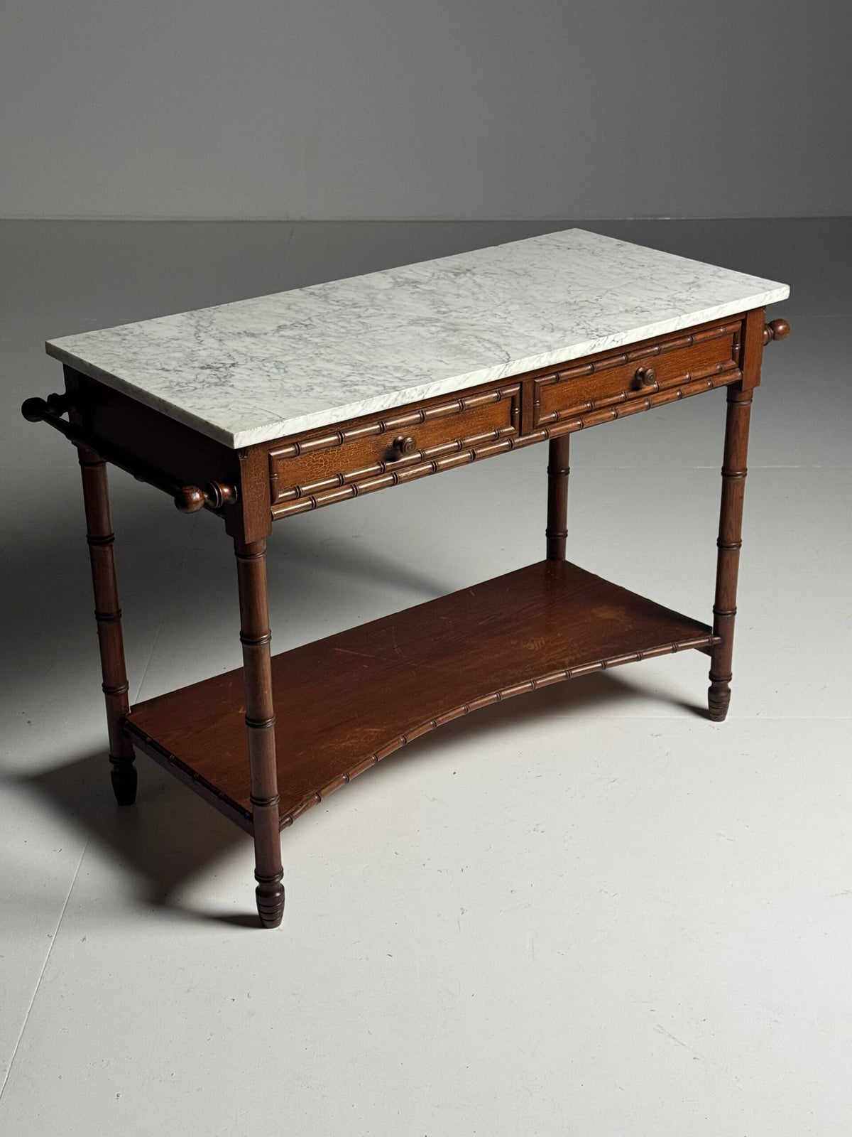 French Faux Bamboo Pine Side Table with Marble Top, c. 1900, photo 23
