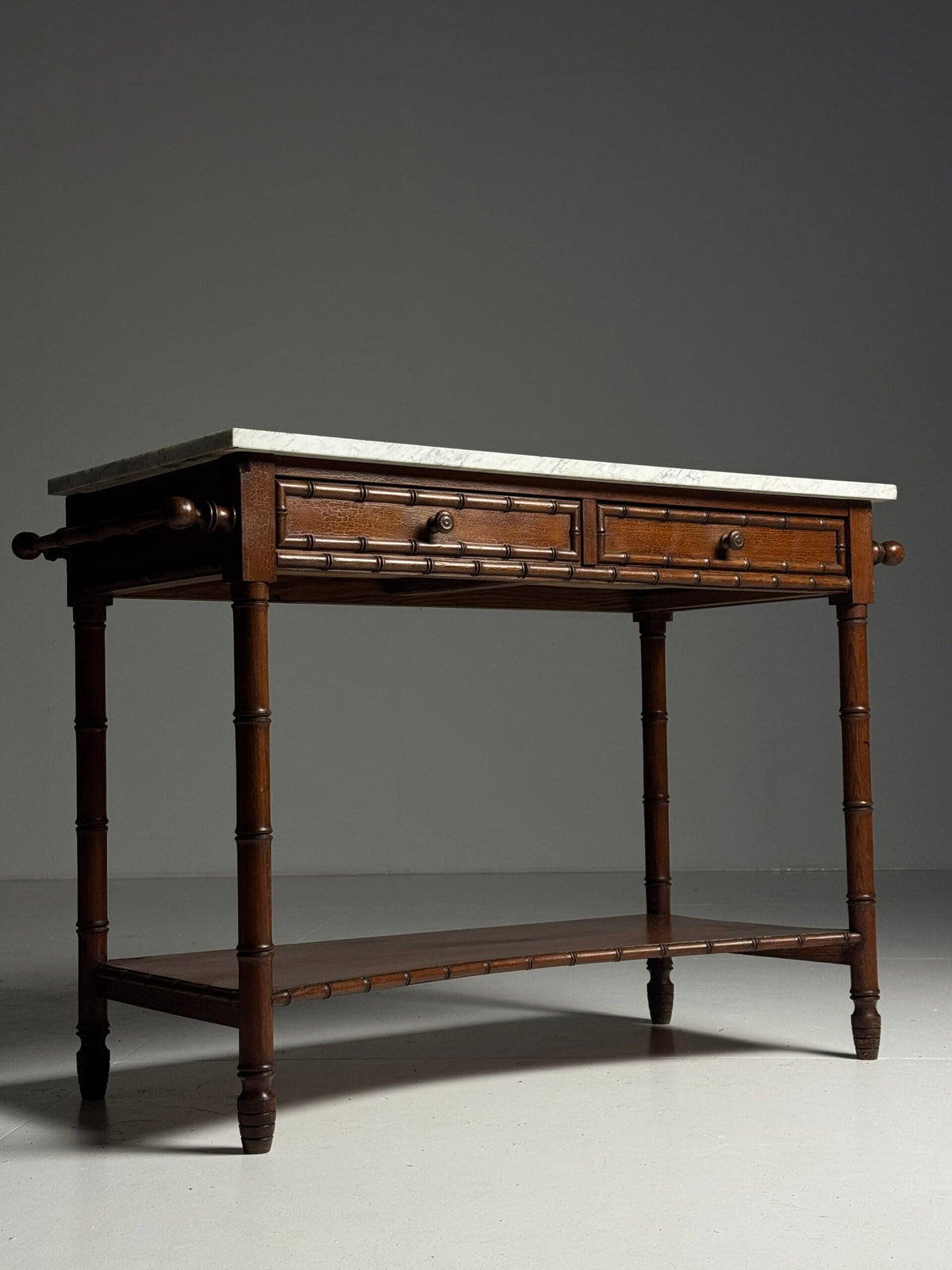 French Faux Bamboo Pine Side Table with Marble Top, c. 1900, photo 22