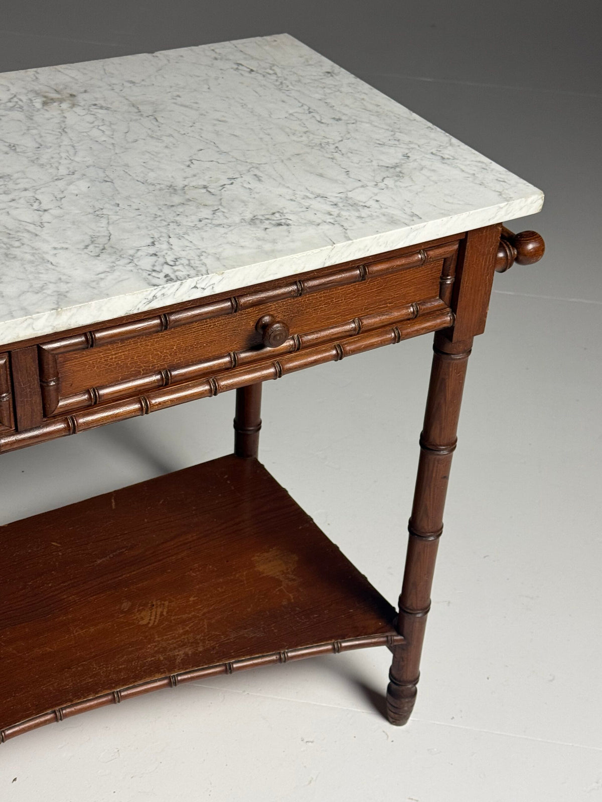 French Faux Bamboo Pine Side Table with Marble Top, c. 1900, photo 19