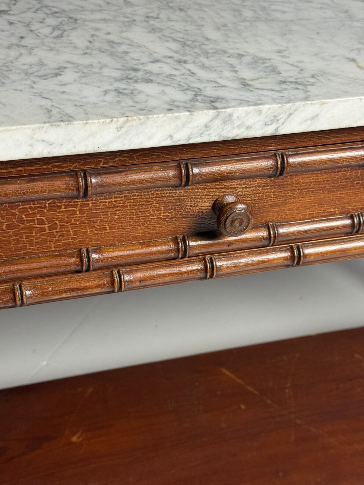 French Faux Bamboo Pine Side Table with Marble Top, c. 1900, photo 14