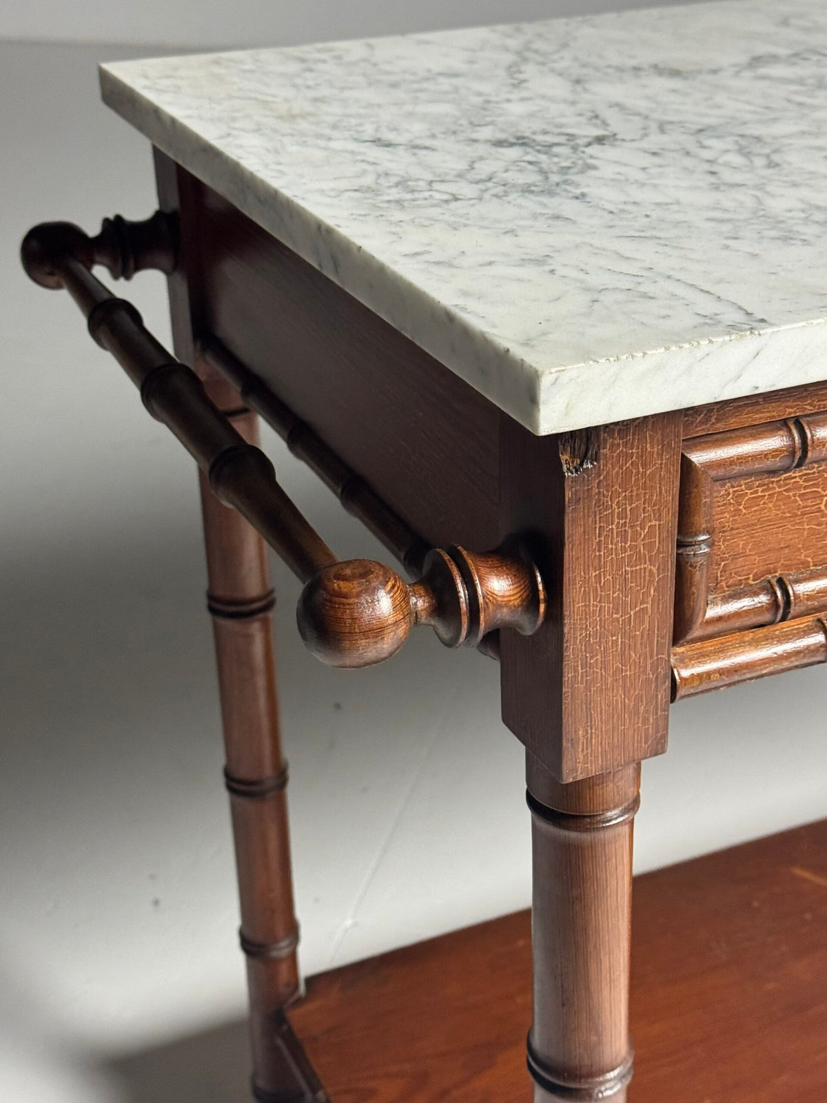 French Faux Bamboo Pine Side Table with Marble Top, c. 1900, photo 12