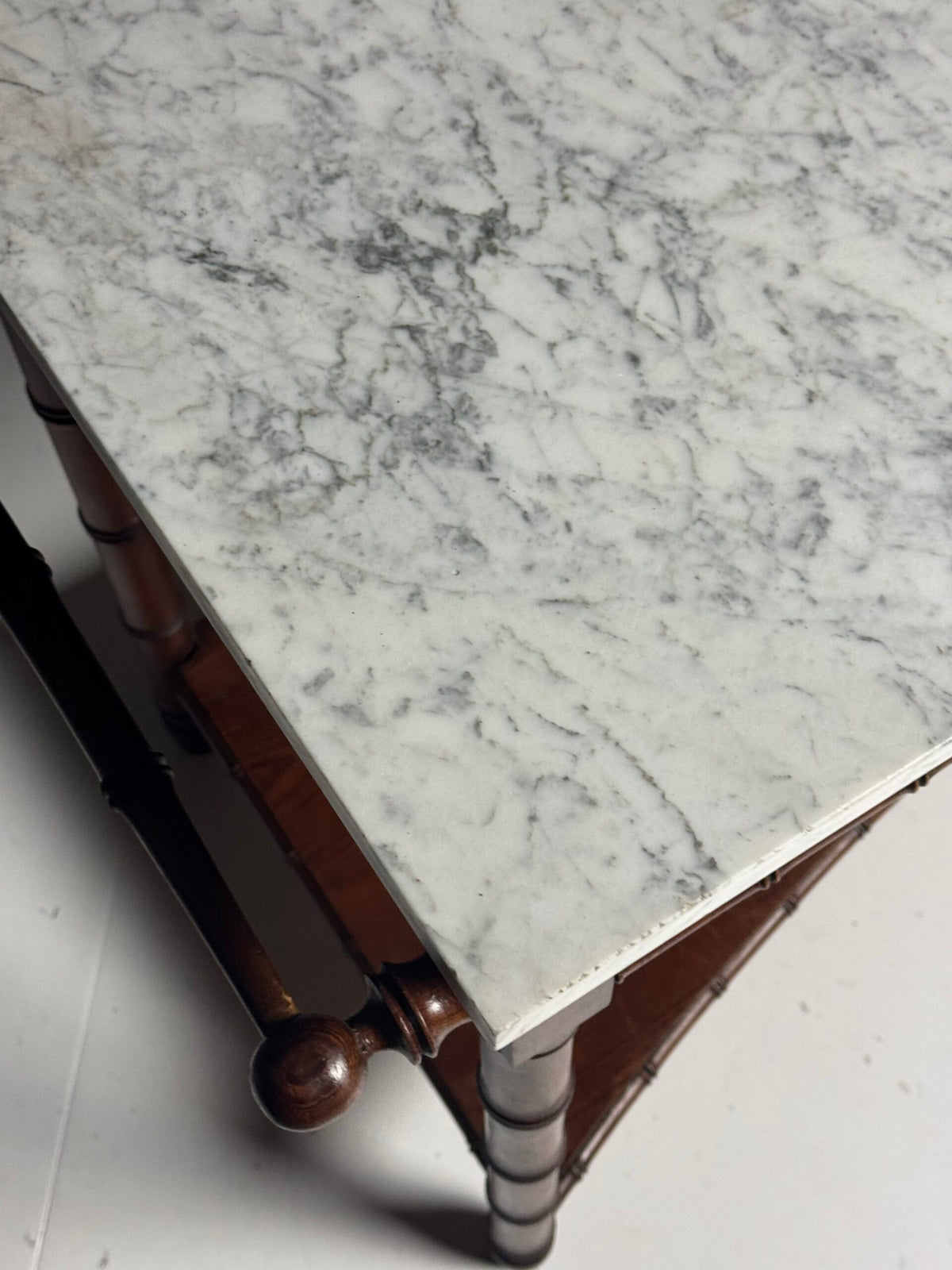 French Faux Bamboo Pine Side Table with Marble Top, c. 1900, photo 7