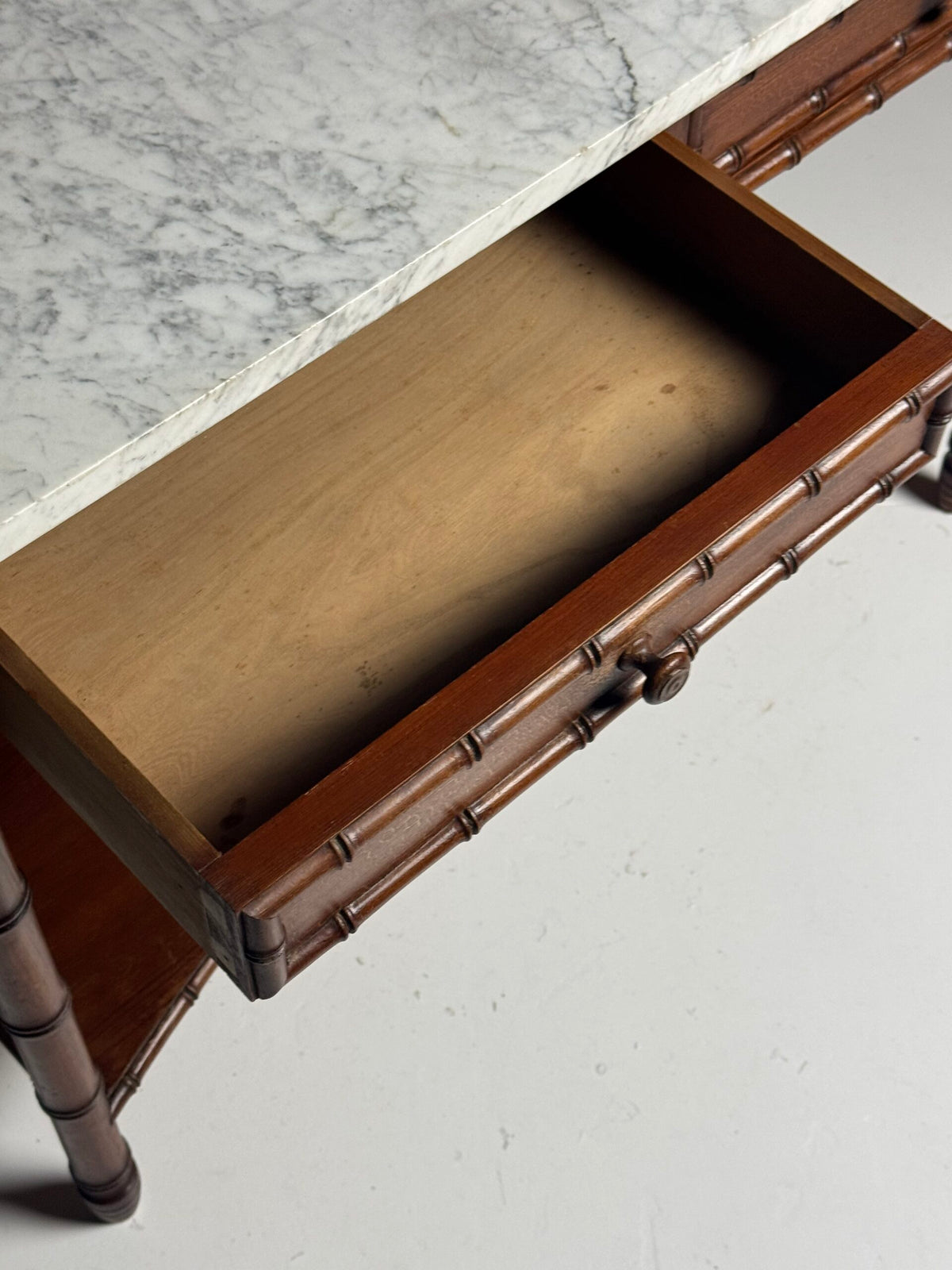 French Faux Bamboo Pine Side Table with Marble Top, c. 1900, photo 3